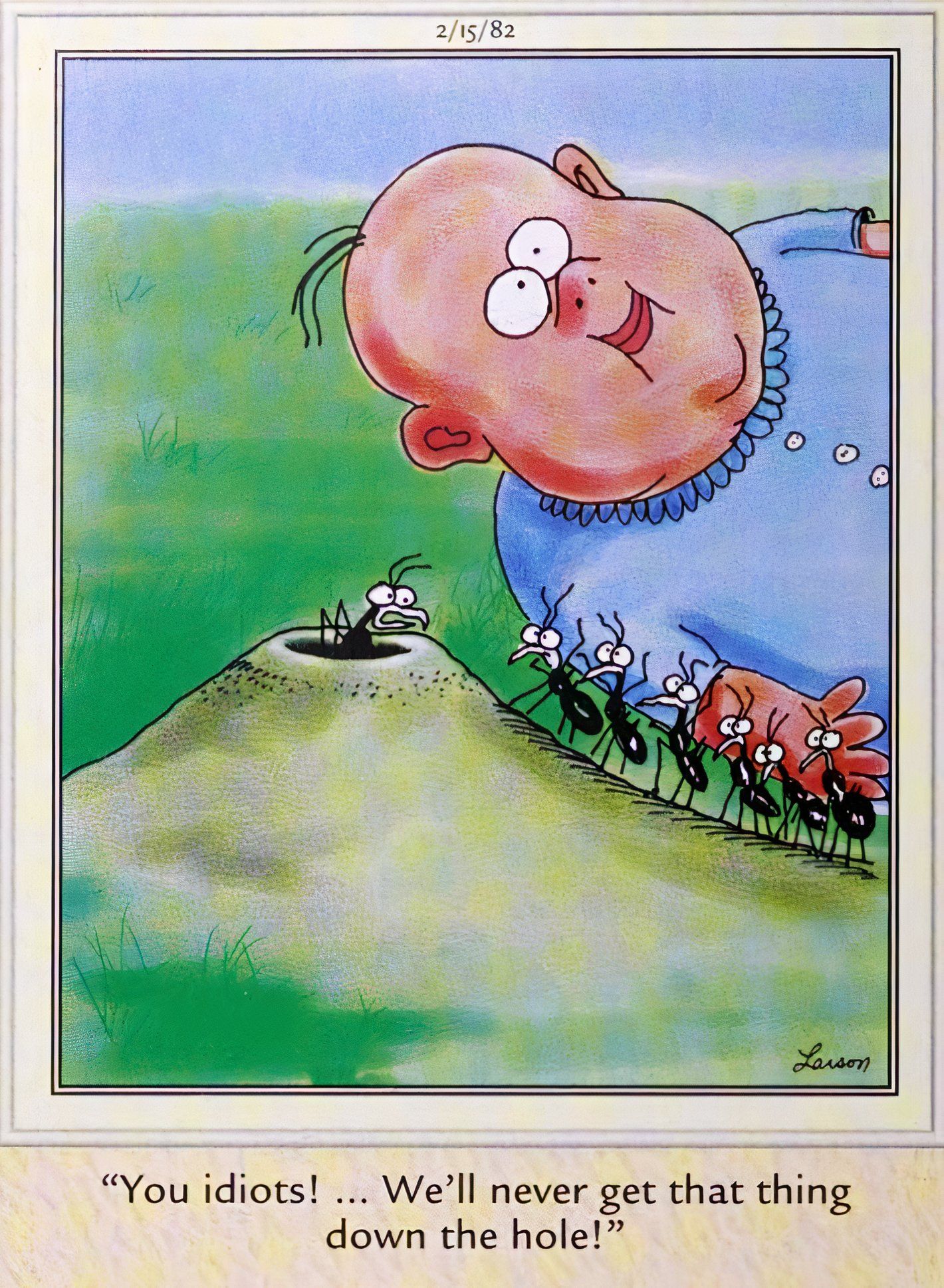 Far Side February 15, 1982, ants trying to carry a baby back to their ant hill for food