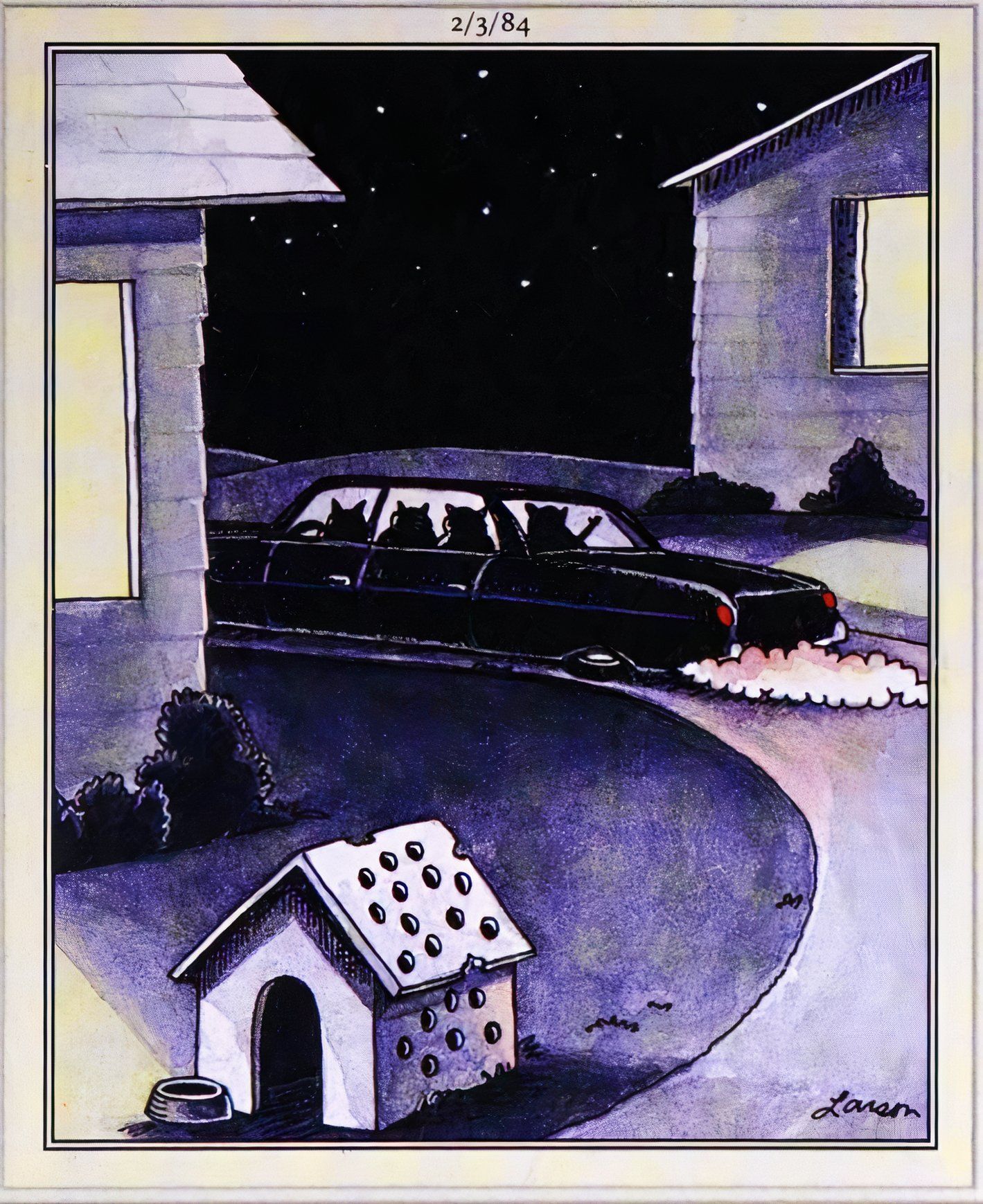 Far Side, February 3, 1984, silhoutette of cats driving away after riddling a doghouse with bullets