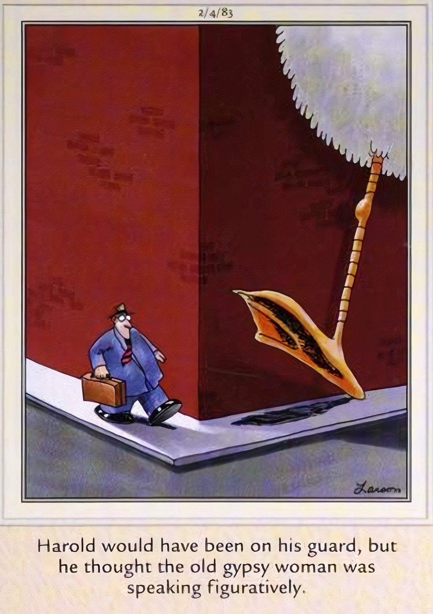 Far Side, February 4, 1983, a man about to be crushed by a giant duck.