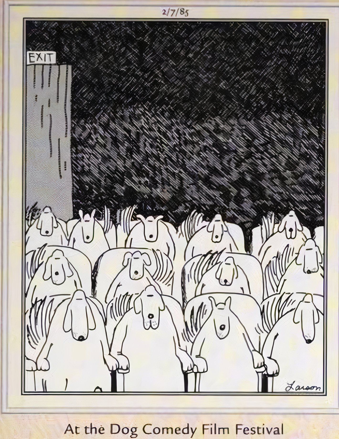 Far Side, February 7, 1985, dog audience at a film festival wagging their tails in place of laughter