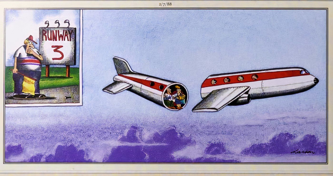 Far Side, 7 de fevereiro de 1988, um avião se parte ao meio no ar enquanto um homem no chão espera para acenar para o pouso