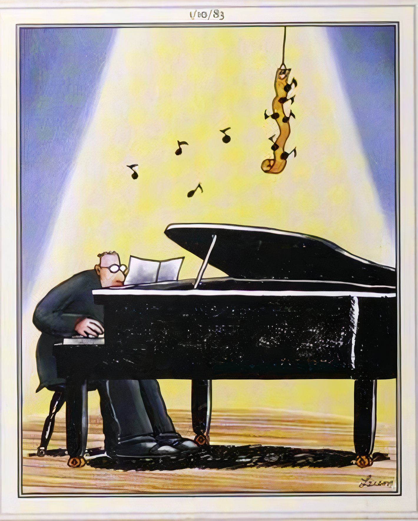 Far Side, January 10, 1983, musical notes get stuck to a roll of fly paper as they rise up from a piano