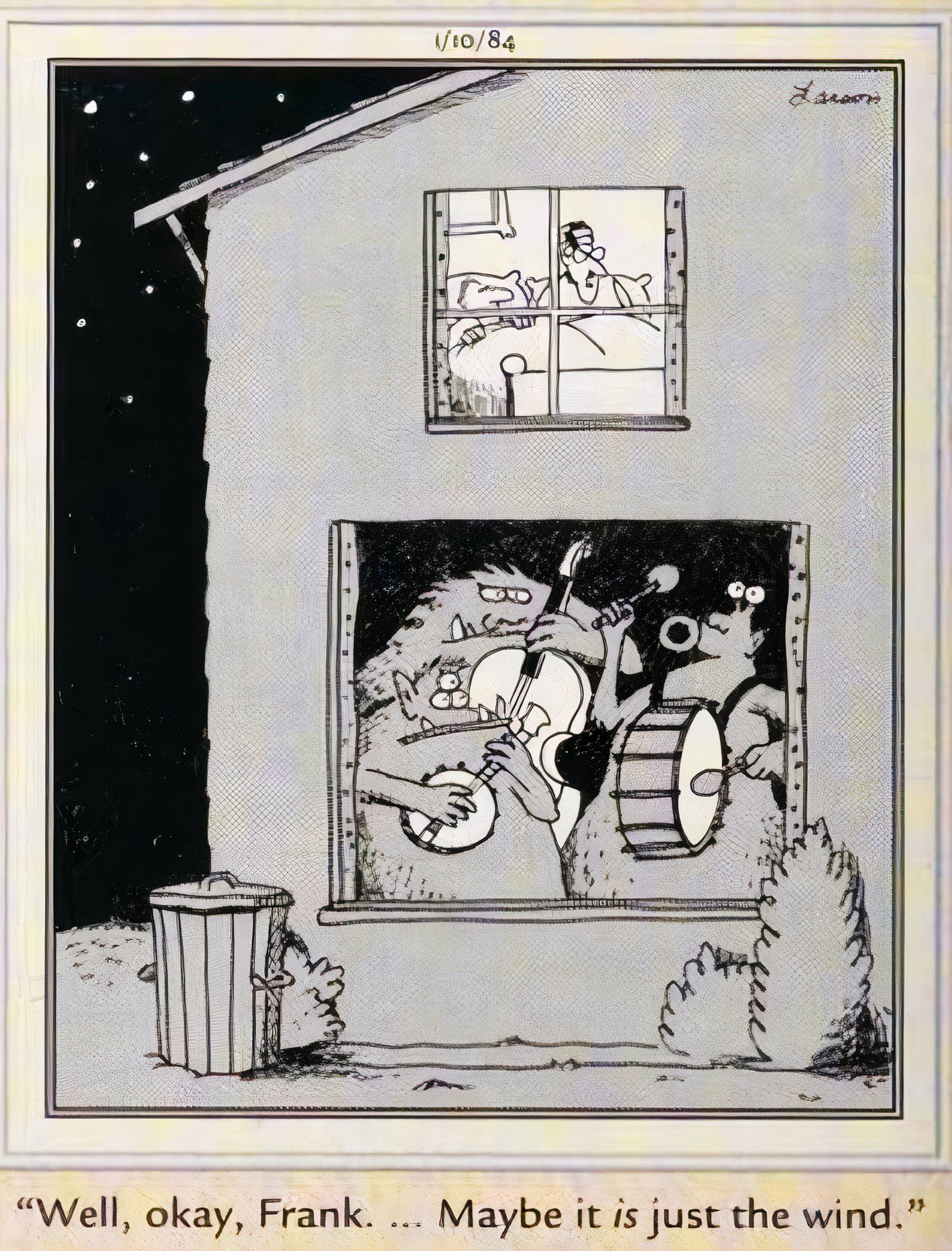 Far Side, January 10, 1984, a band of monsters plays in a couple's living room as they sleep upstairs