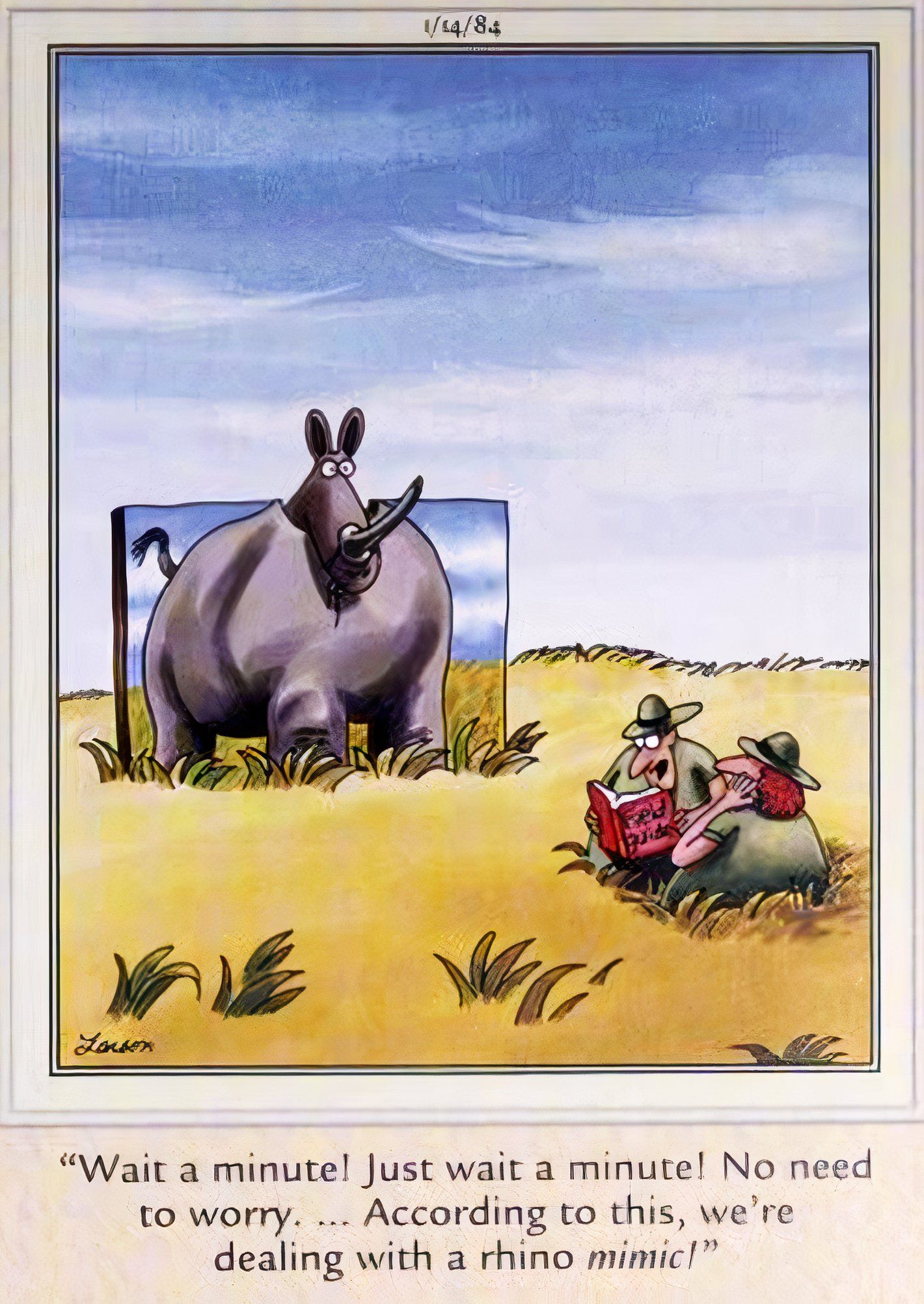 Far Side, January 14, 1984, people on safari are relieved to find out they're dealing with a false rhino