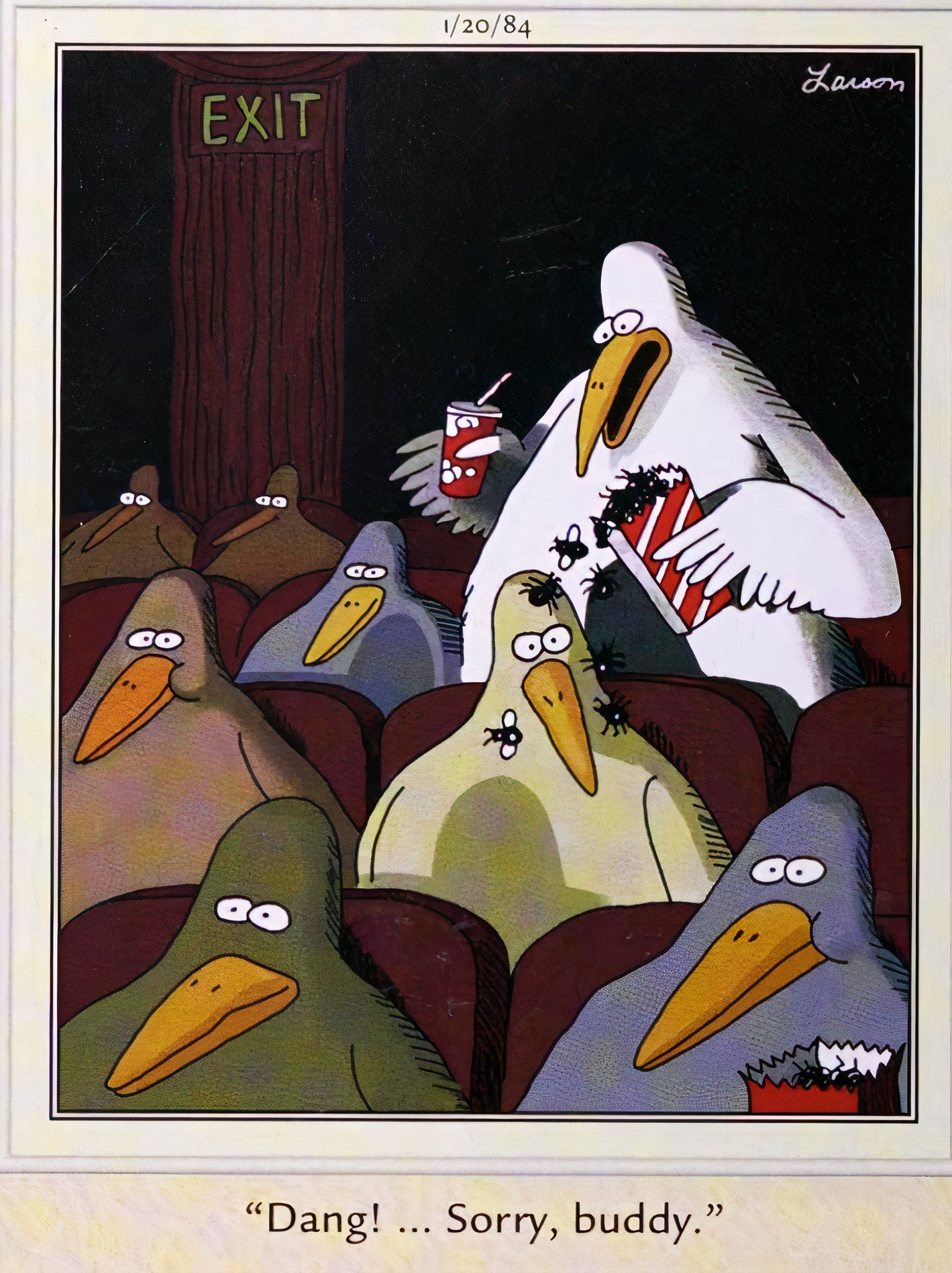 Far Side, January 20, 1984, bird in a movie theater drops flies on another bird's head and apologizes