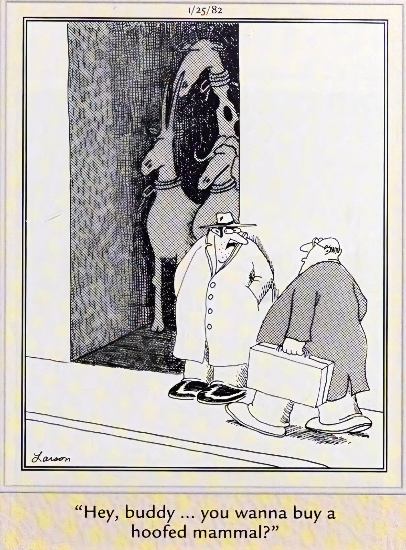 Far Side, January 25, 1982, man in trenchcoat trying to sell hoofed animals in alleyway