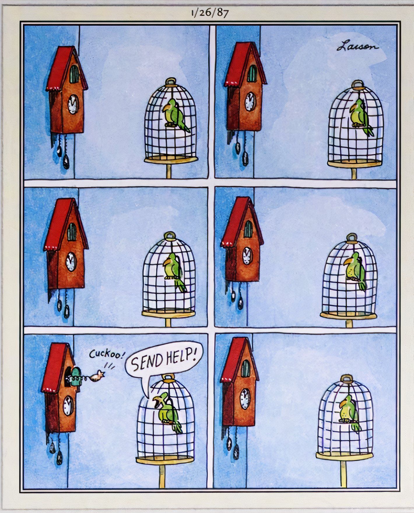 Far Side, January 26, 1987, bird in a cage asks cuckoo clock for help