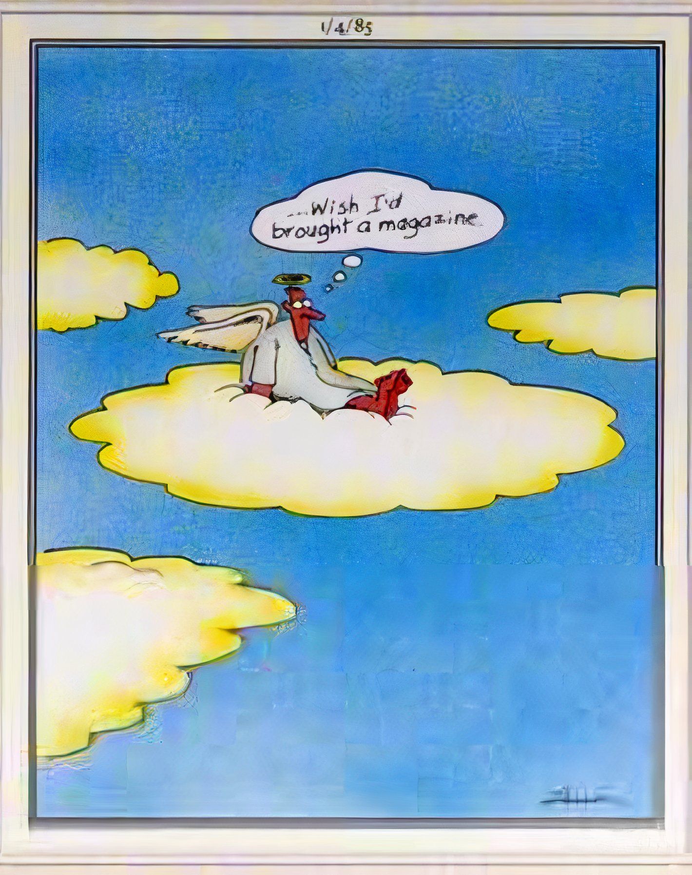 Far Side, January 4, 1985, solitary man sitting on a cloud in heaven, wishing he brought a magazine.