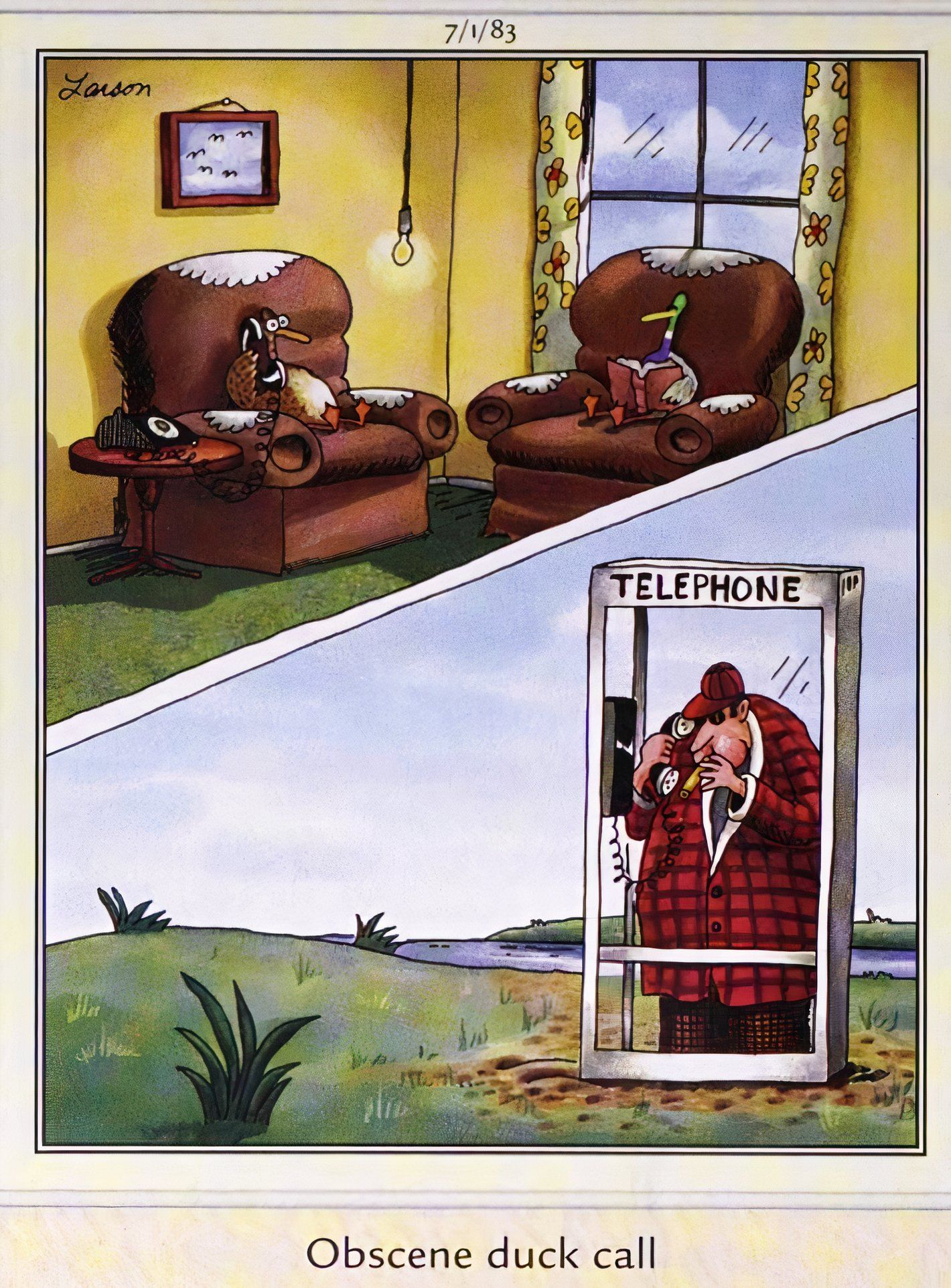 Far Side, July 1, 1983, a man makes obscene phone calls to a duck