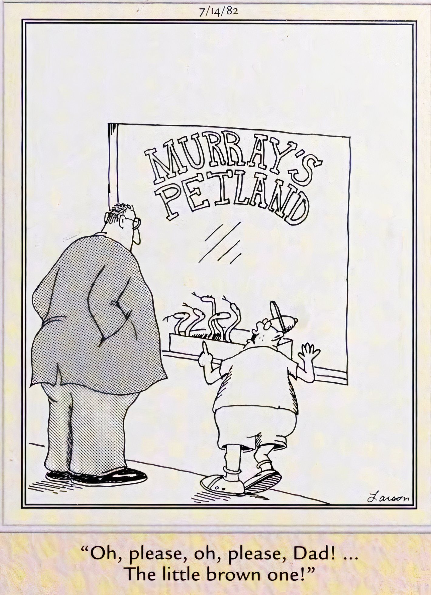 Far Side, July 14, 1982, a son pleads with his father to buy him a pet snake