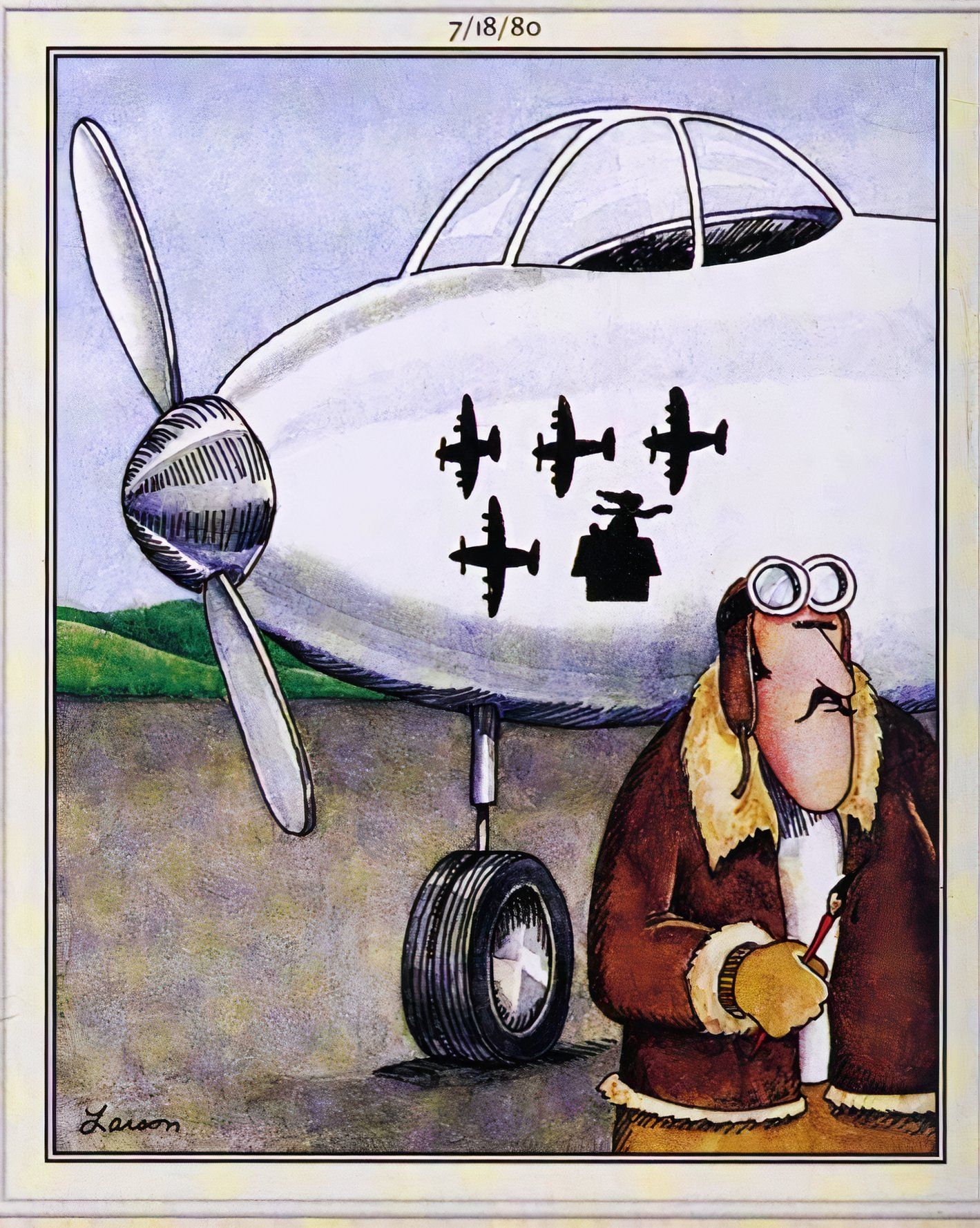 Far Side, 18 de julho de 1980, o Barão Vermelho pinta uma silhueta de Snoopy em seu avião, sinalizando que ele o abateu