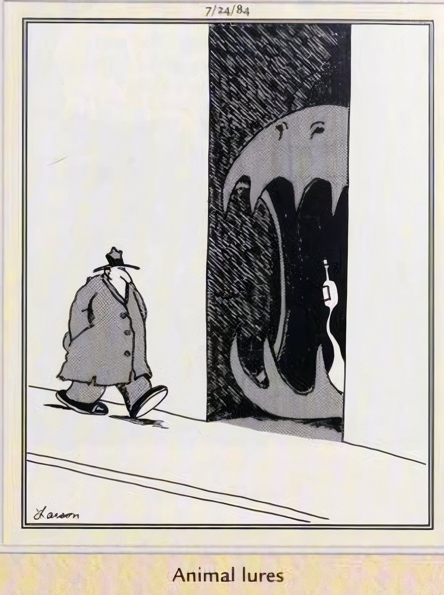 Far Side, July 24, 1984, monster trying to lure man in a trench coat into an alley