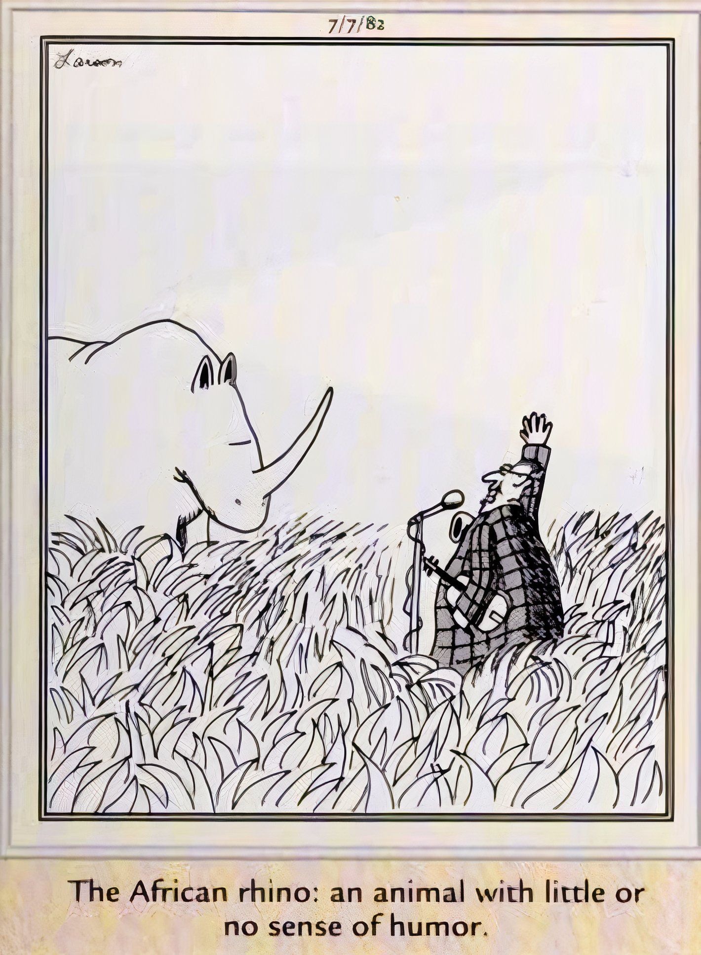 Far Side, July 7, 1982, a stand up comic out in the wild fails to make a rhino laugh