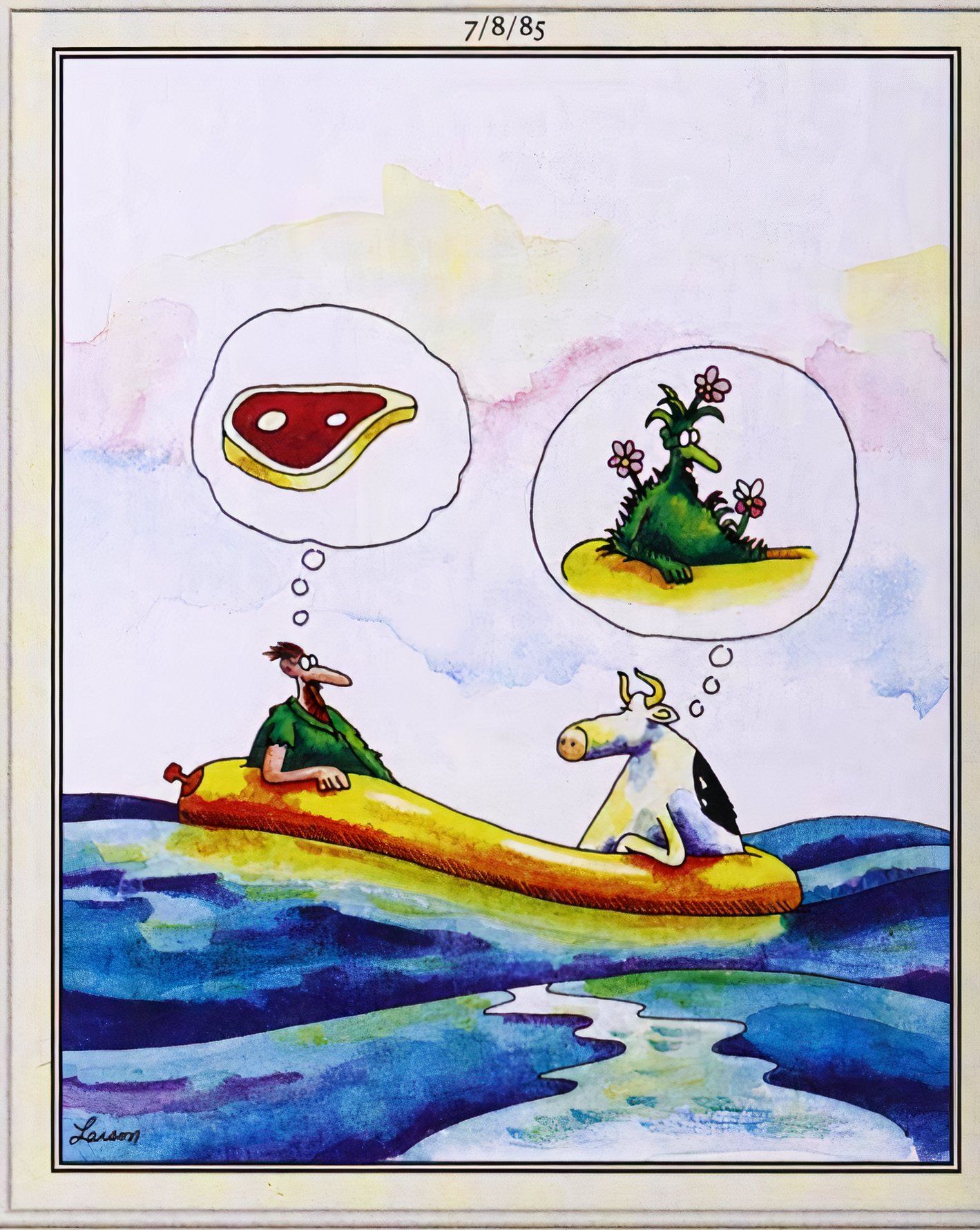 Far Side, July 8, 1985, man and cow lost at sea look at each other and see food