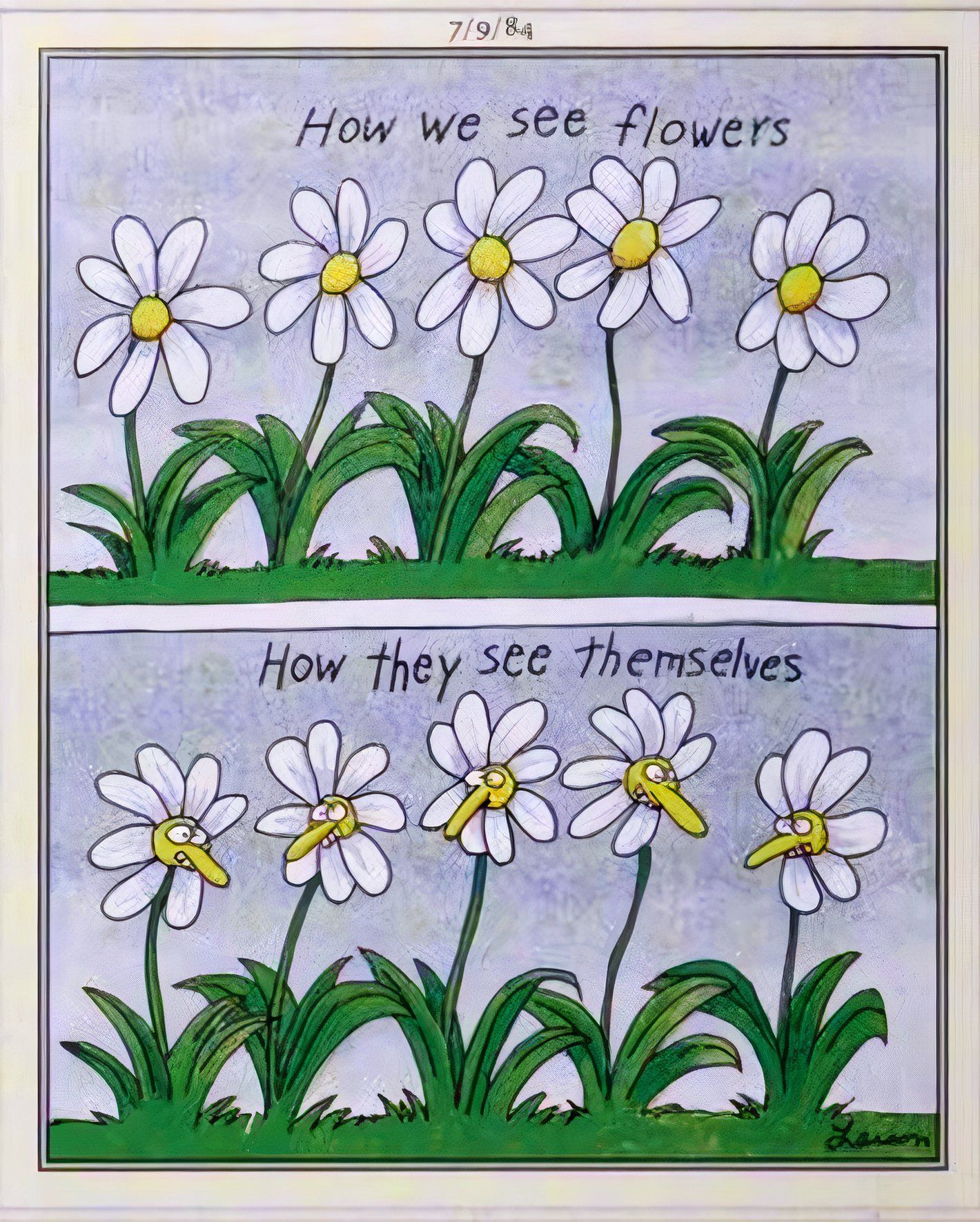 Far Side, July 9, 1984, panels depicting 'how we see flowers' and 'how flowers see themselves'