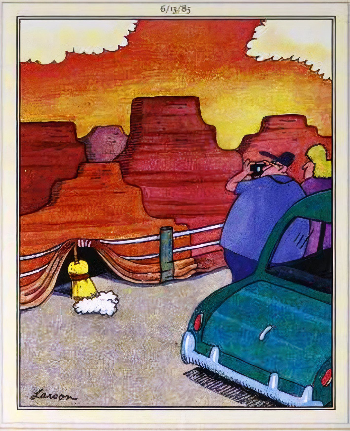 Far Side, June 13, 1985, desert landscape is lifted up, as someone sweeps dirt under it from the other side