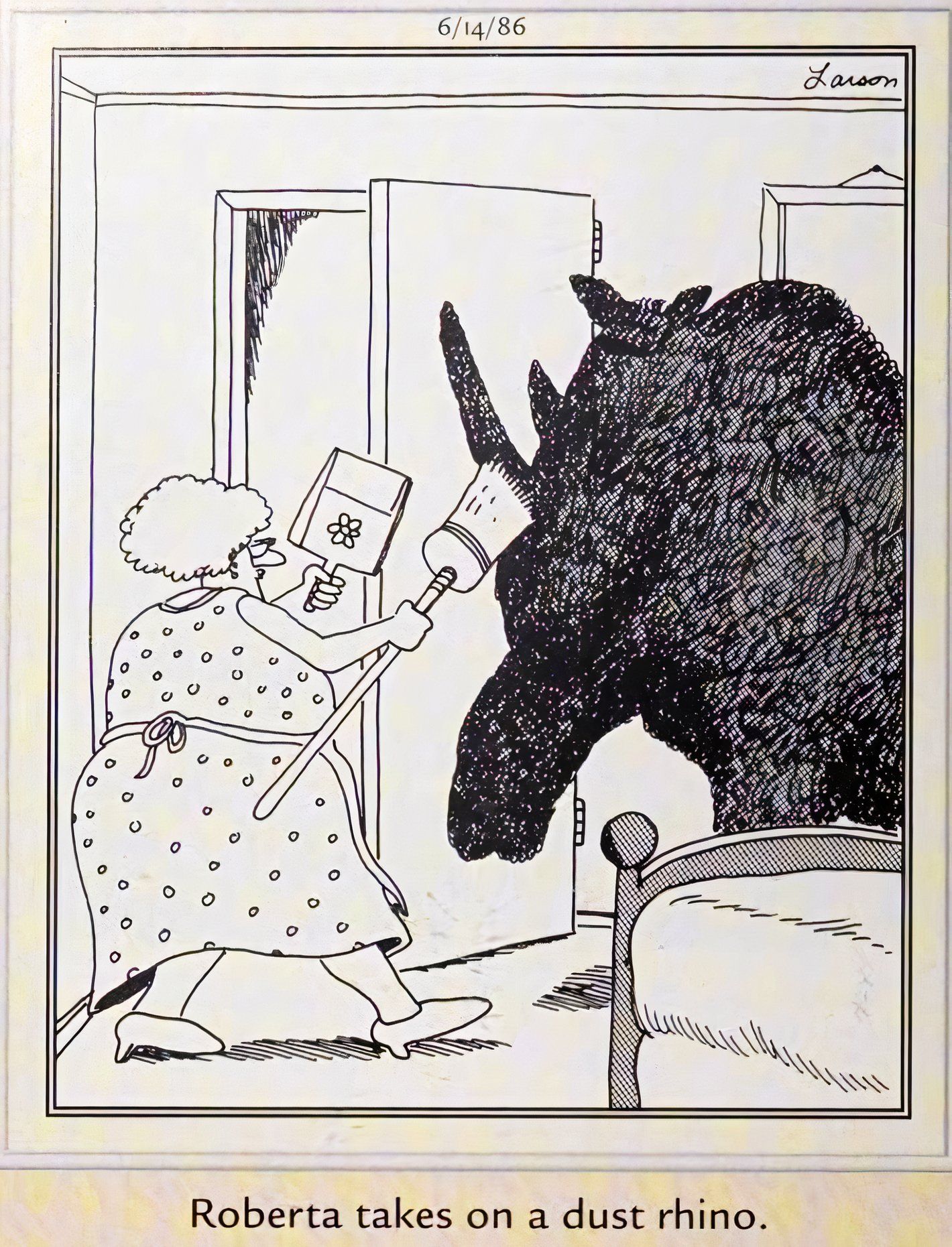 Far Side, June 14, 1986, a woman battles a 'dust rhino' with a broom and dustpan