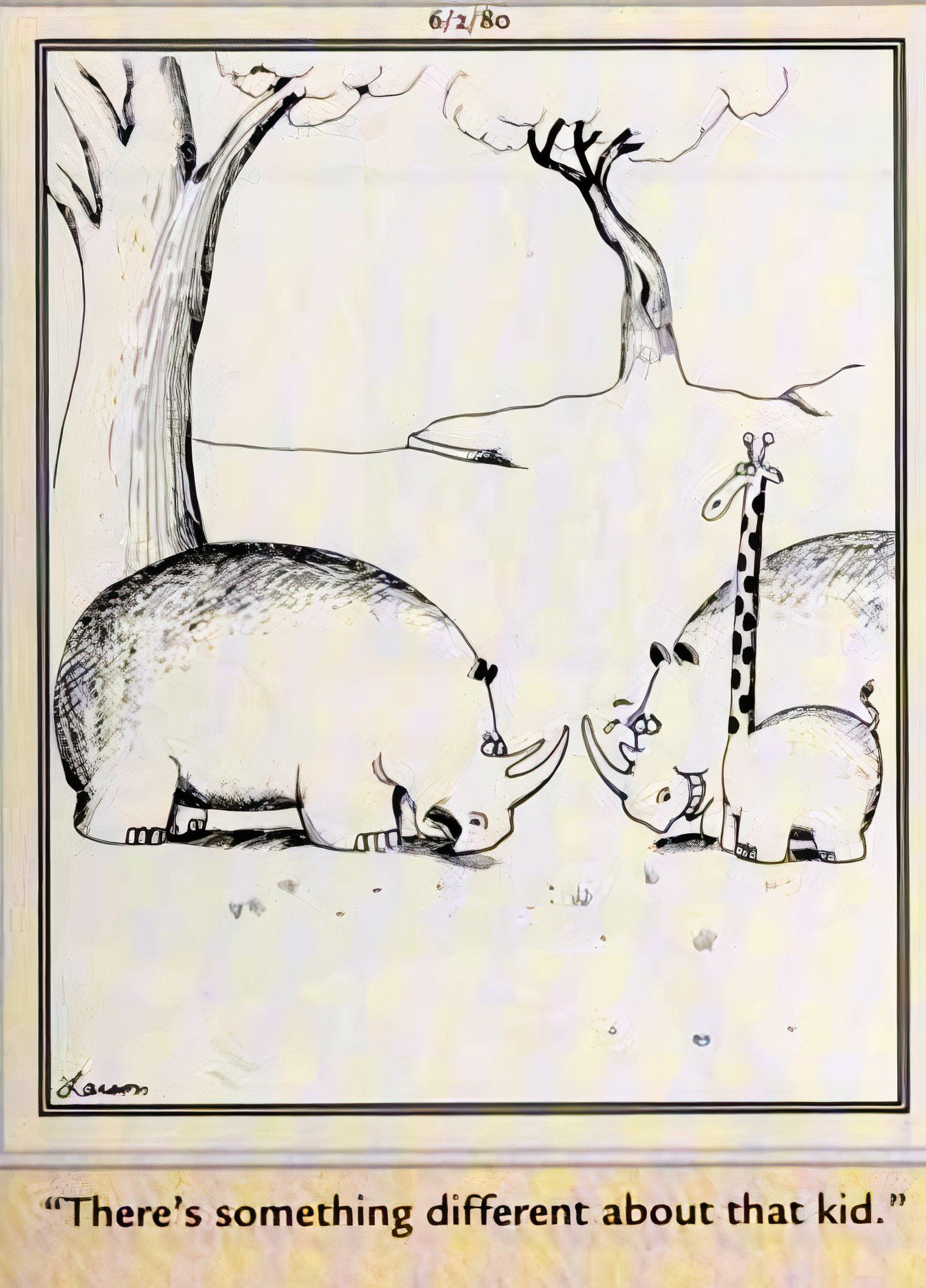 Far Side, June 2 1980, rhino father is skeptical about his child, who has a giraffe neck and head