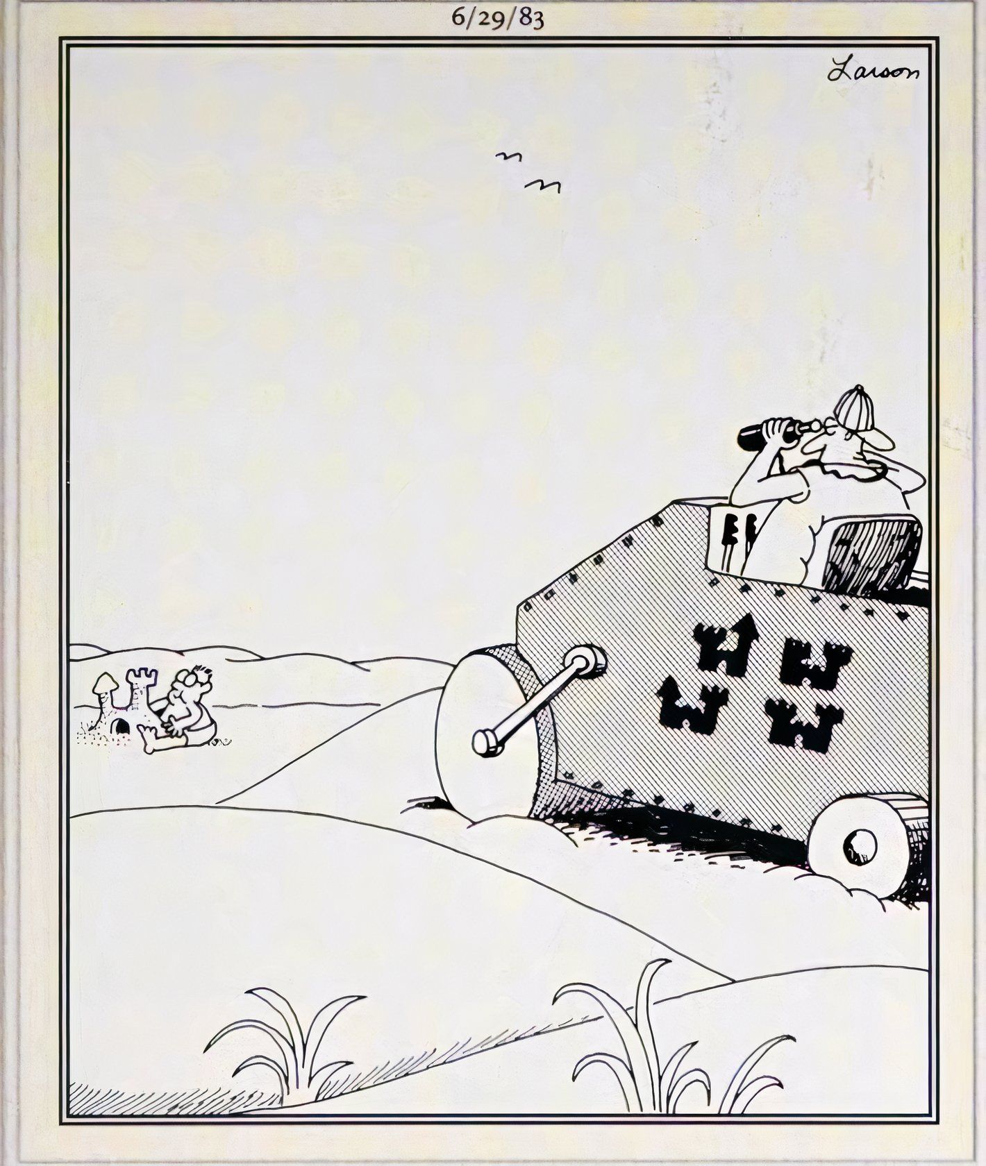 Far Side, 29 de junho de 1983, homem em um tanque explora seu próximo castelo de areia para destruir