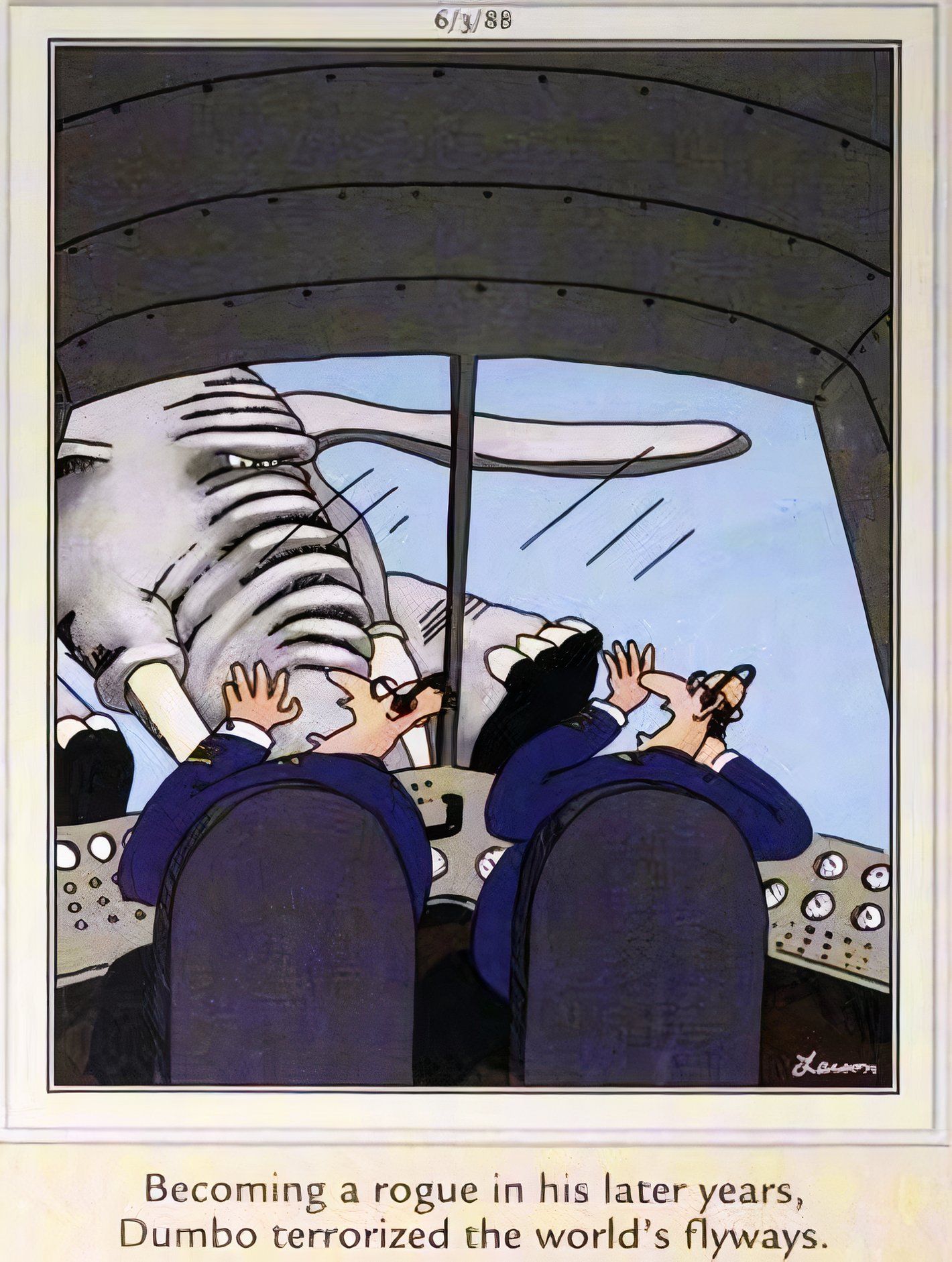 Far Side, 3 de junho de 1988, pilotos de avião reagem com horror quando Dumbo bombardeia seu avião em pleno voo