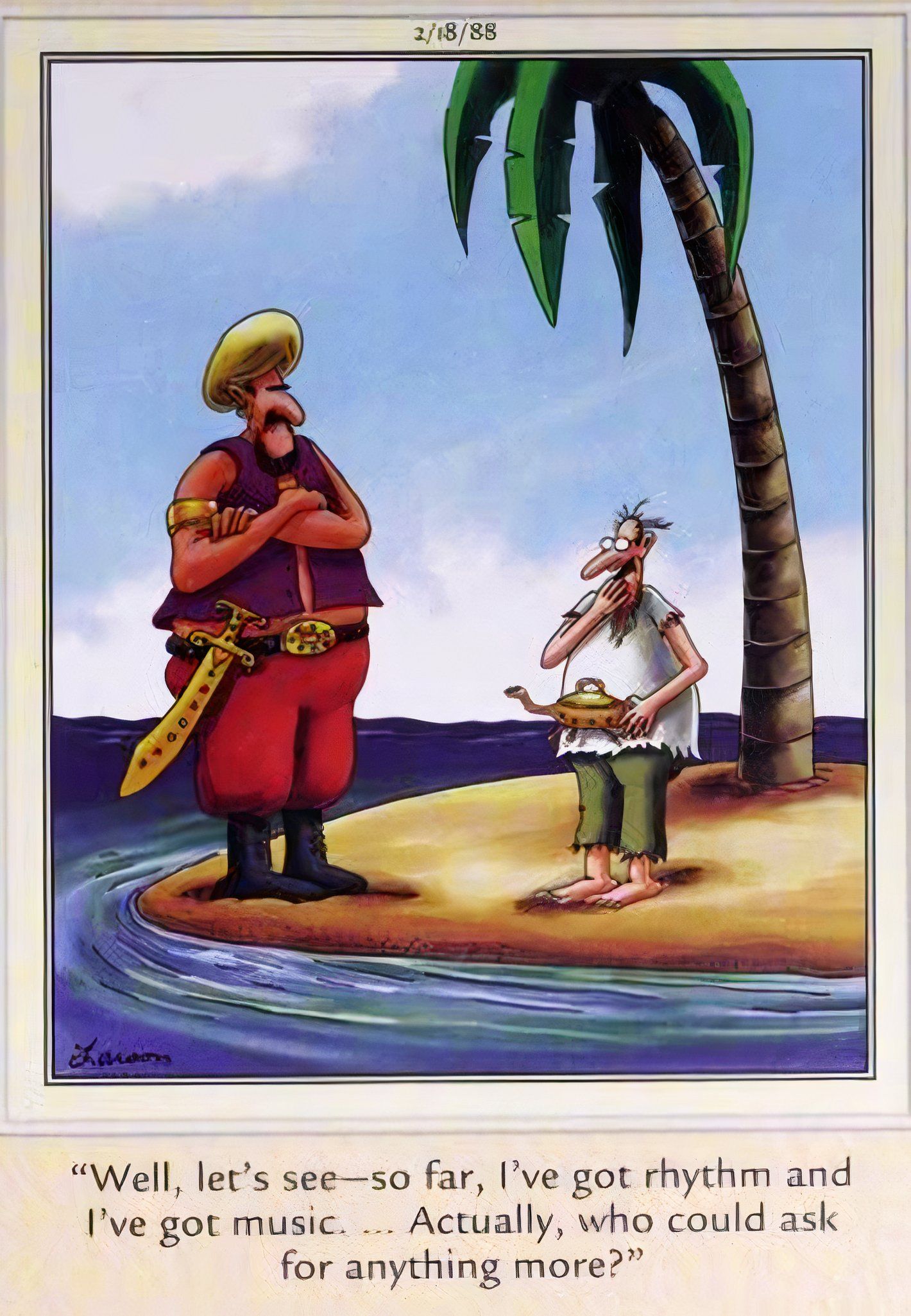 Far Side, man on desert island doesn't know what to use his third wish on