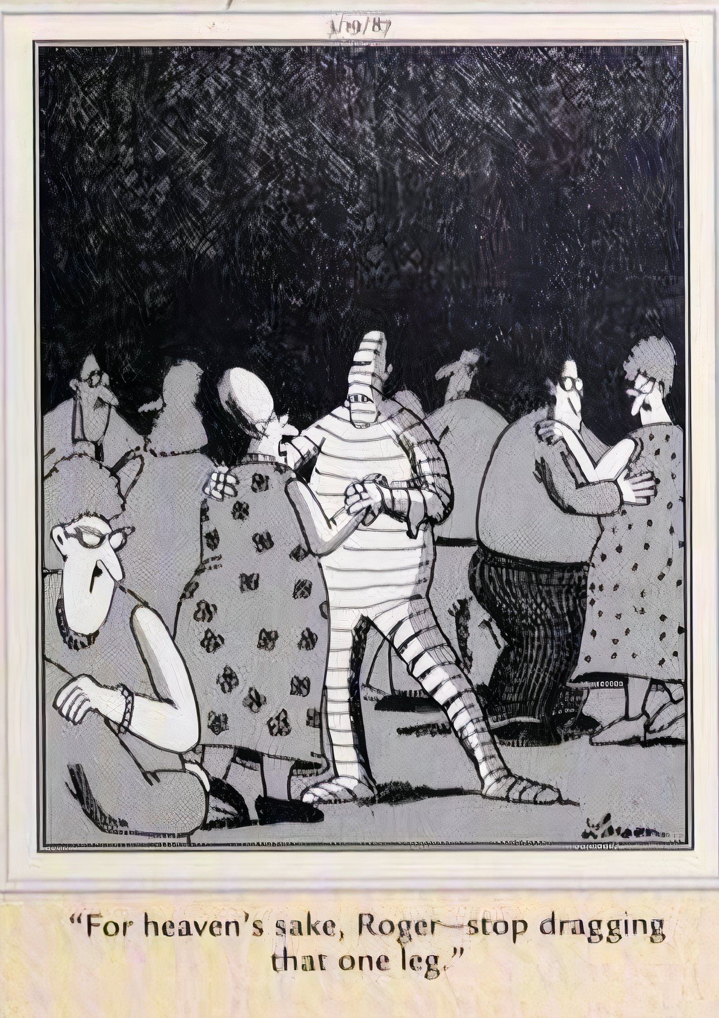 Far Side, March 10, 1987, woman admonishes her mummy dance partner to stop dragging his leg