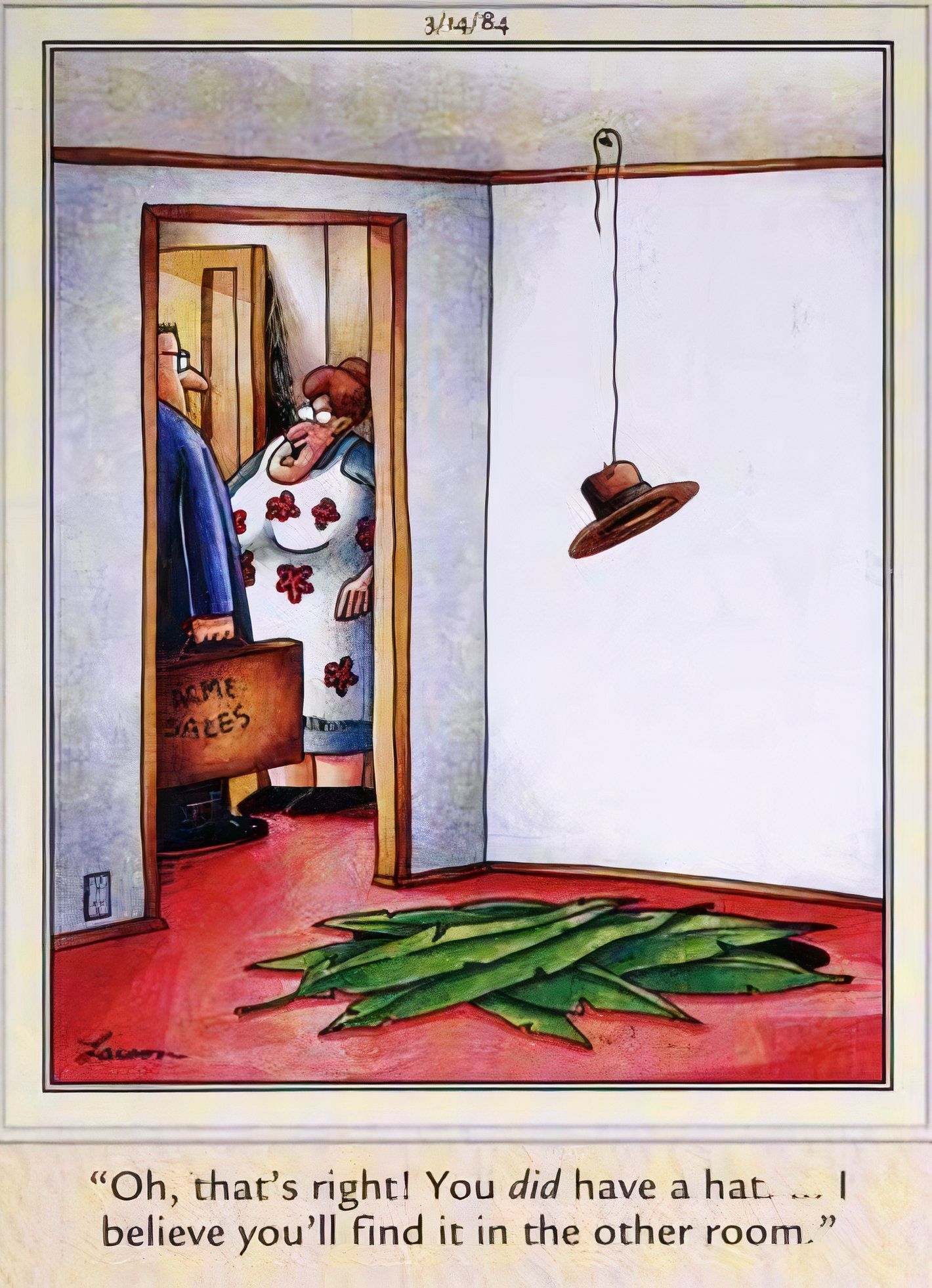 Far Side, March 14, 1984, woman trying to lure a traveling salesman into a trap