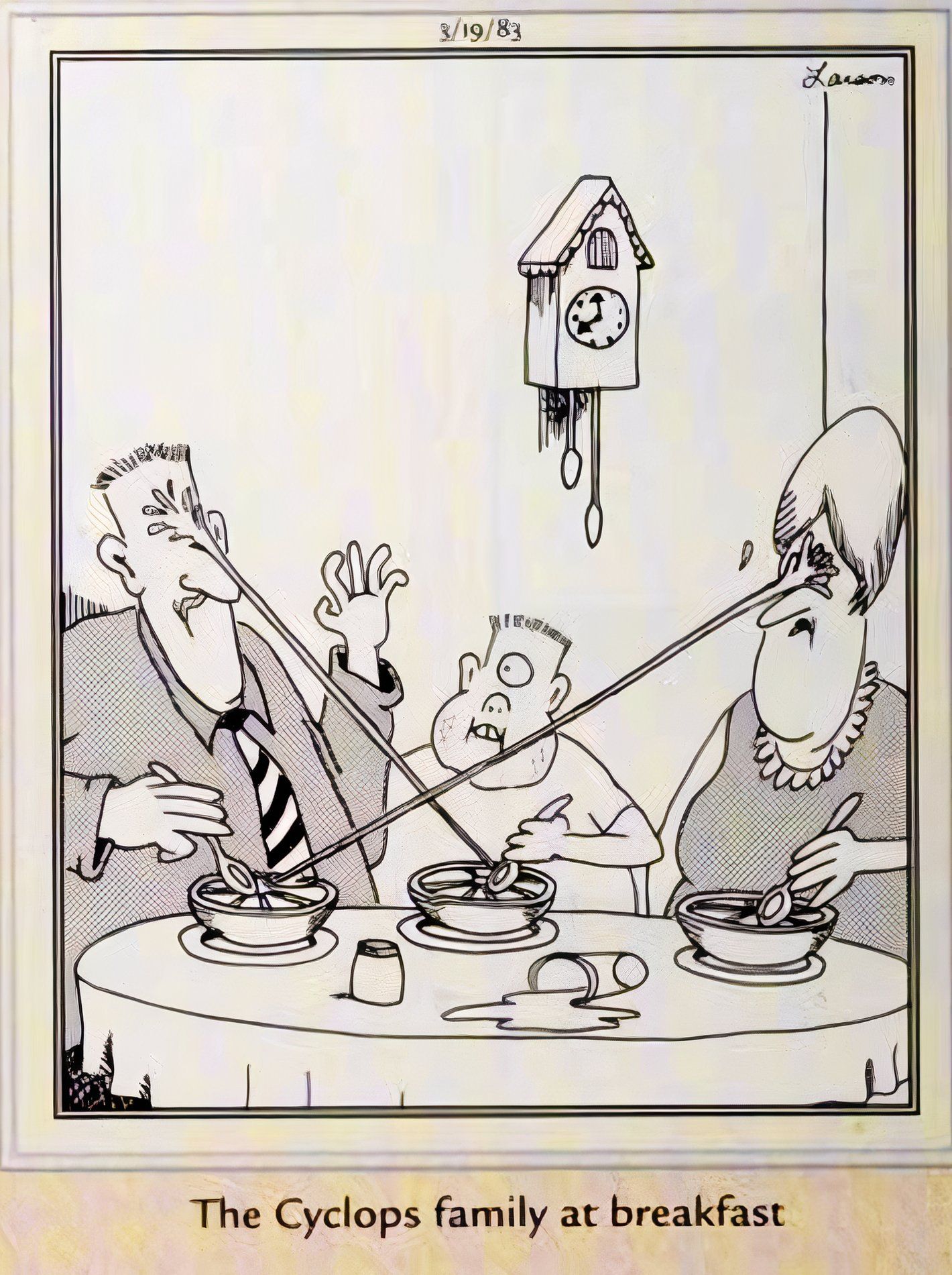 Far Side, March 19, 1983, the Cyclops family at the dinner table