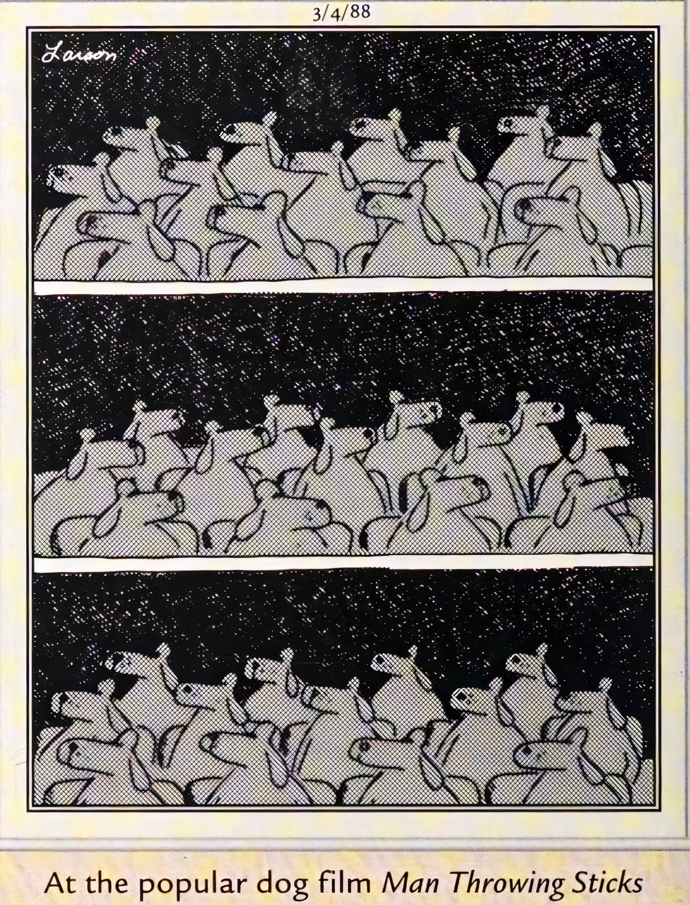 Far Side, March 4, 1988, canine audience watches a movie called 'Man Throwing Stick'