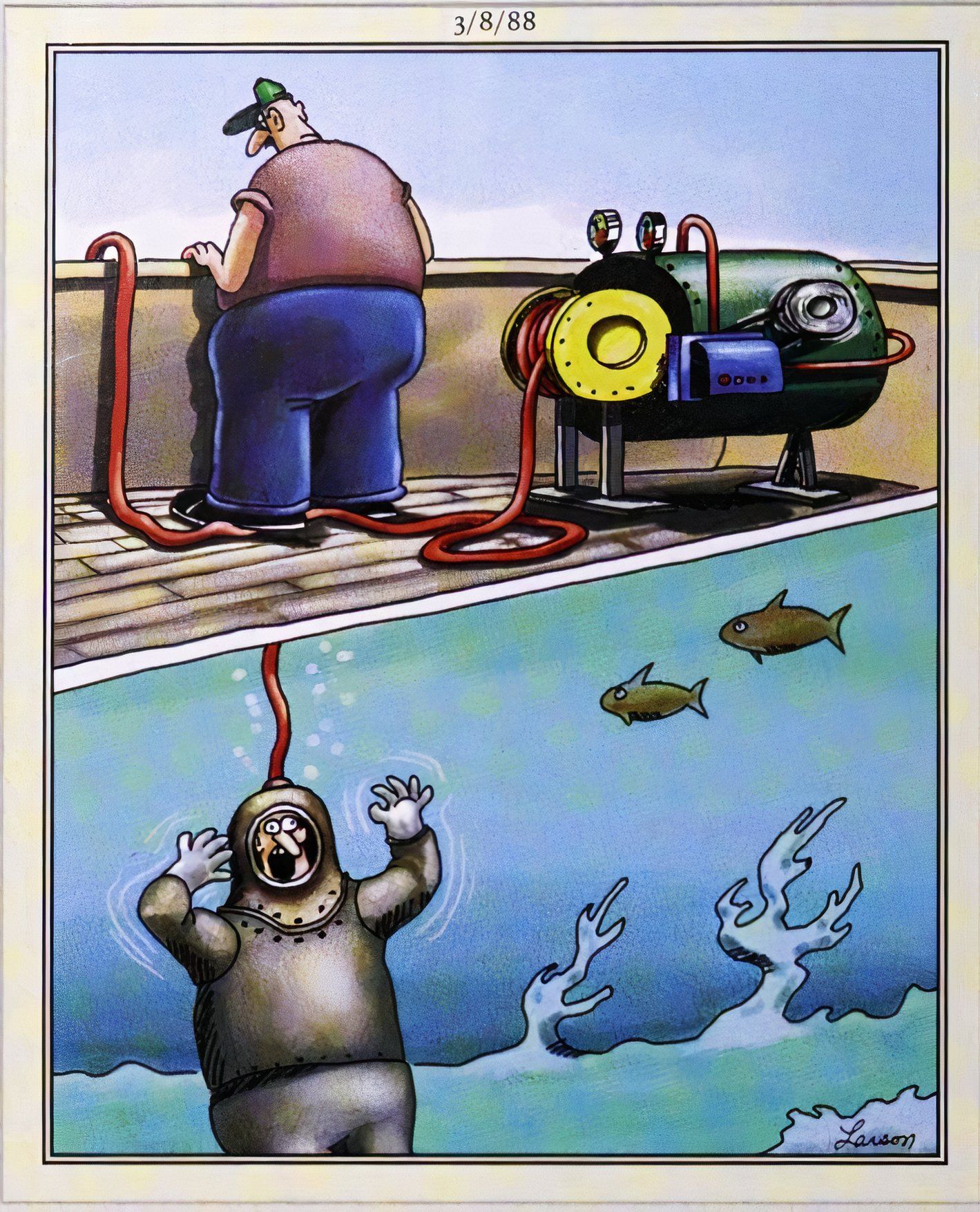 Far Side, March 8, 1988, man stands on a bridge with a hose attached to his friend under water