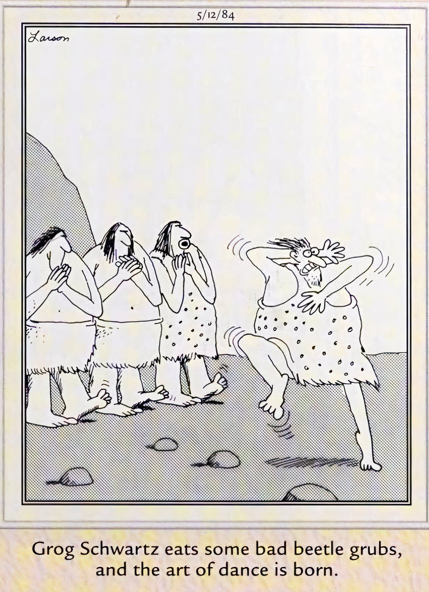 Far Side, 12 de maio de 1984, homem pré-histórico inventa dança após comer besouro psicodélico