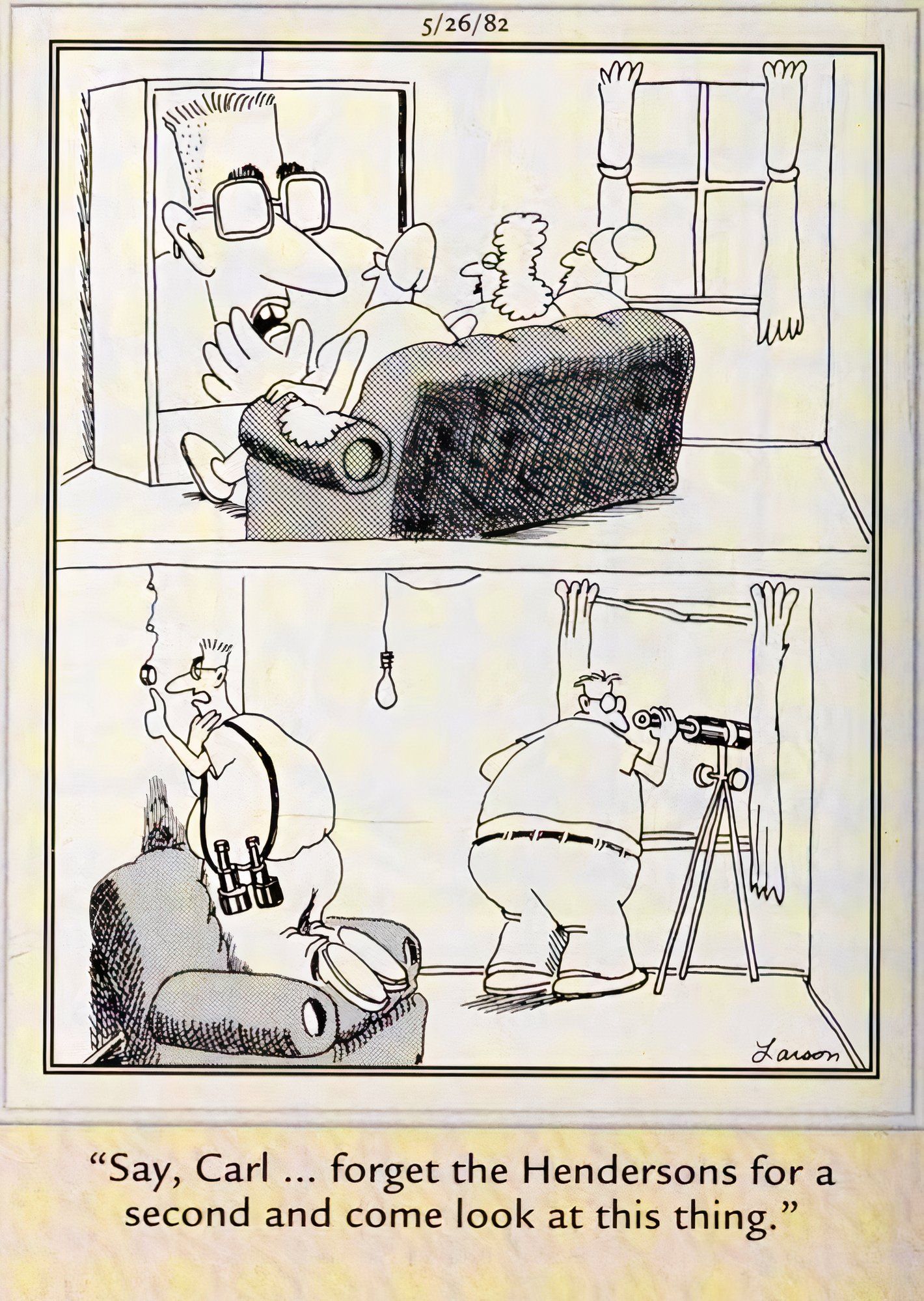 Far Side, May 26, 1982, men looking through telescope discover they are on TV