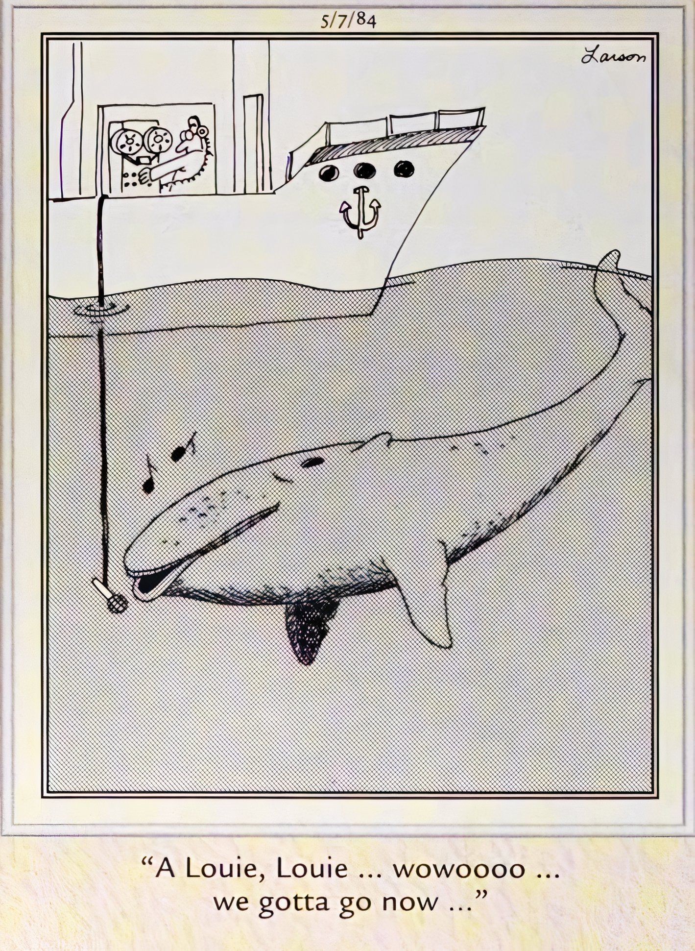 Far Side, May 7, 1984, whale sings Louie Louie for a surprised researcher's microphone