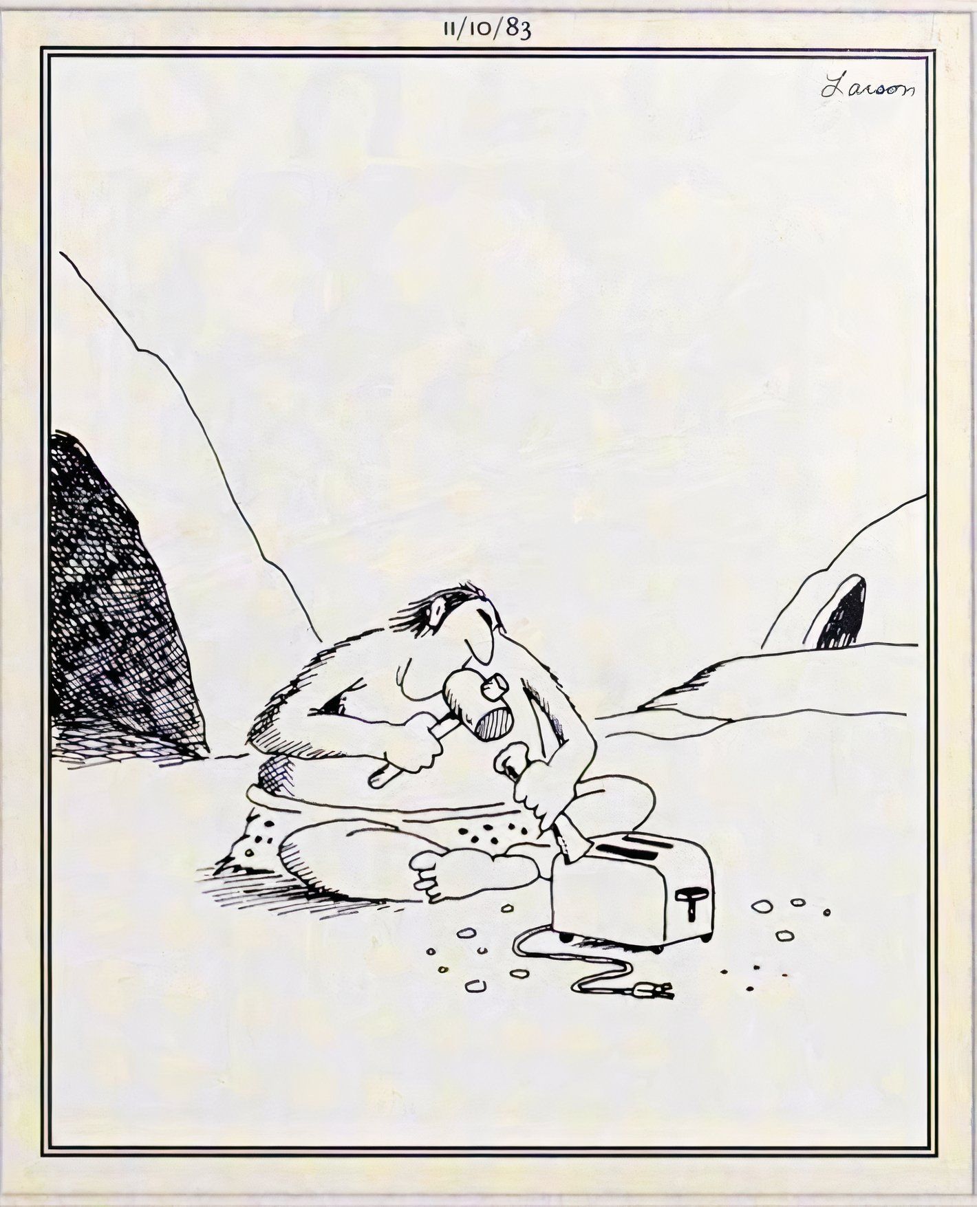 Far Side,November 10, 1983, a cave person trying to repair a toaster.