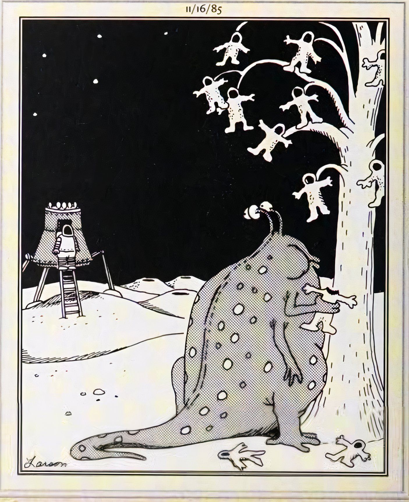 Far Side, November 16, 1985, alien eating astronauts off a tree sees another landing nearby
