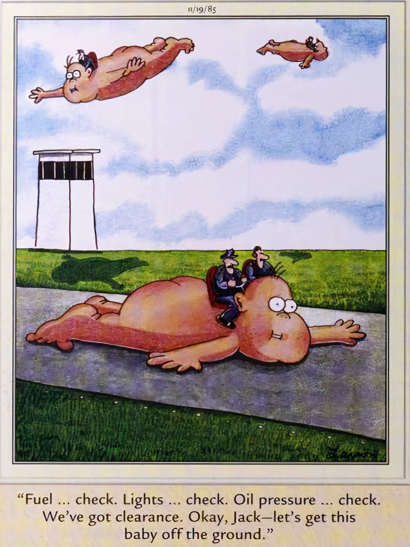 Far Side, November 19, 1985, airport with flying babies instead of airplanes