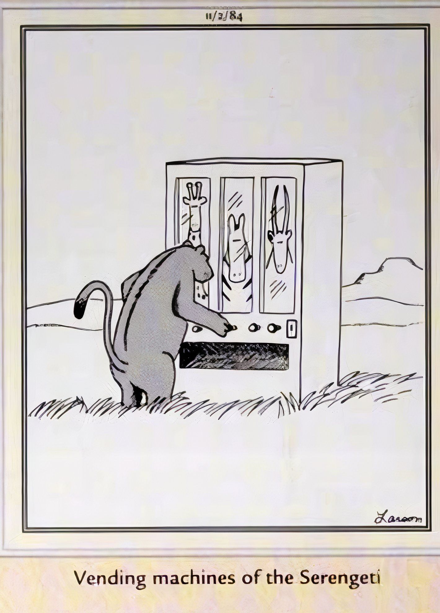 Far Side, November 2, 1984, lion standing at the 'vending machine of the sarangeti'