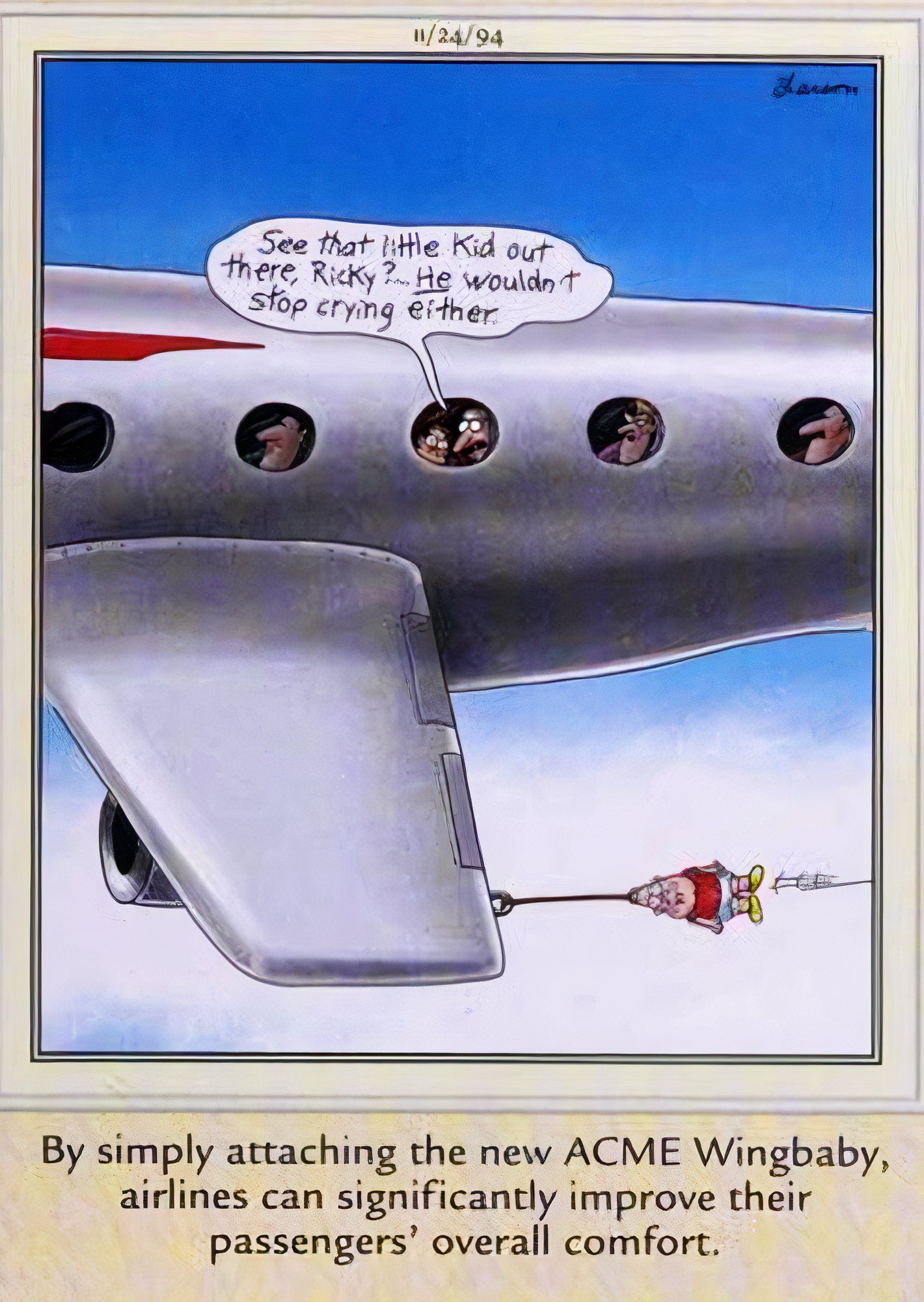 Far Side, 24 de novembro de 1994, passageiros do avião olham pela janela para o 'ACME wingbaby' preso ao avião