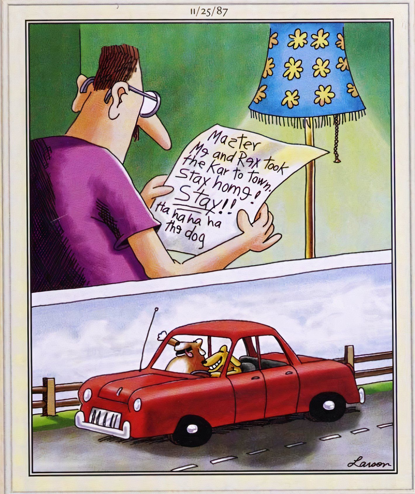 Far Side, November 25, 1987, human reads note from his dogs saying they took his car