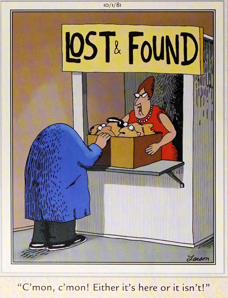Far Side, October 1, 1981, headless man looks for his head in a box at the lost and found