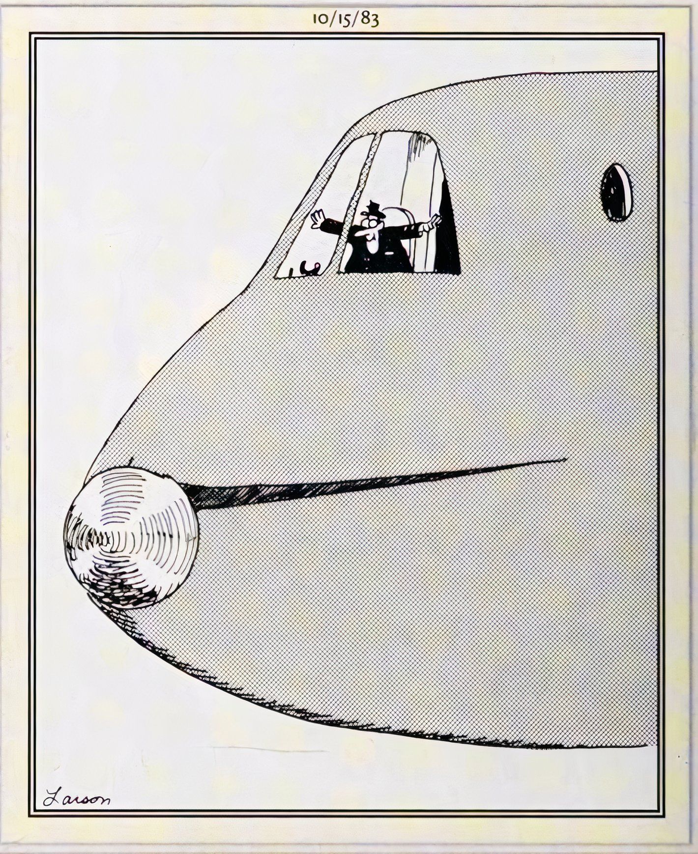 Far Side, October 15, 1983, a pilot holds his arms up like he is a plane, rather than flying the actual plane