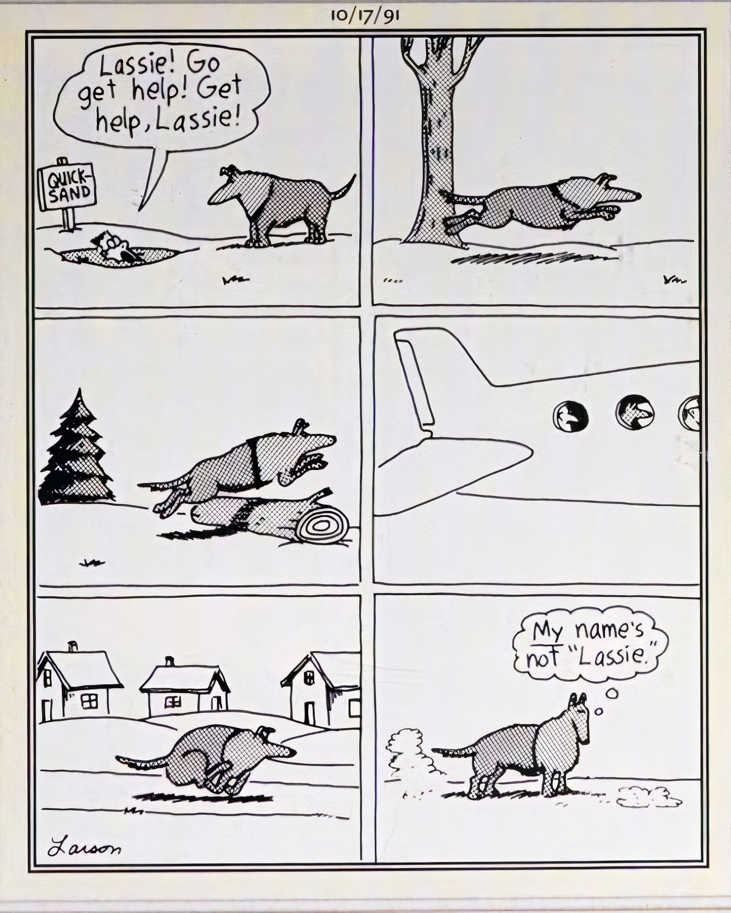 Far Side, 17 de outubro de 1991, um cachorro é enviado para pedir ajuda e, inexplicavelmente, entra em um avião para procurá-lo