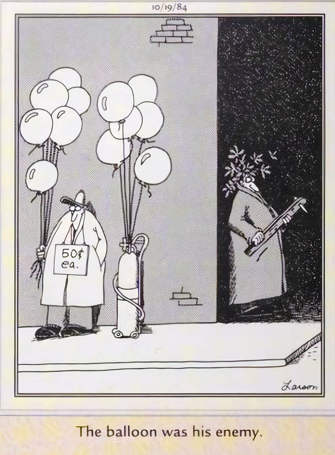 Far Side, October 19, 1984, a man with a spiked bat prepares to ambush a man selling balloons