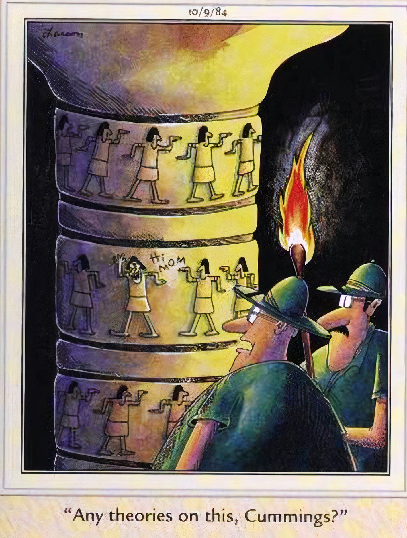 Far Side, October 19, 1984, a pair of Egyptologists are perplexed by ancient Egyptian graffiti