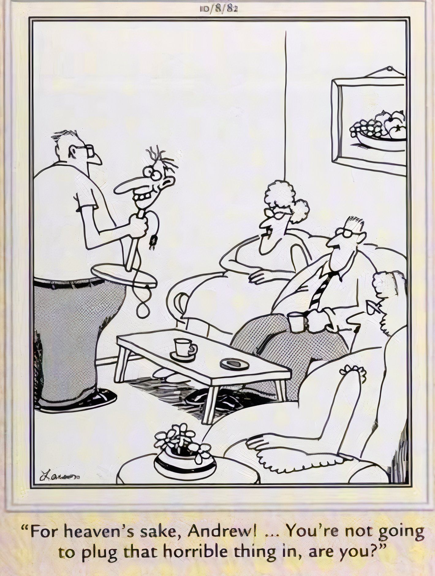 Far Side, October 2, 1982, man insists on plugging in a horrifying decoration with a human head