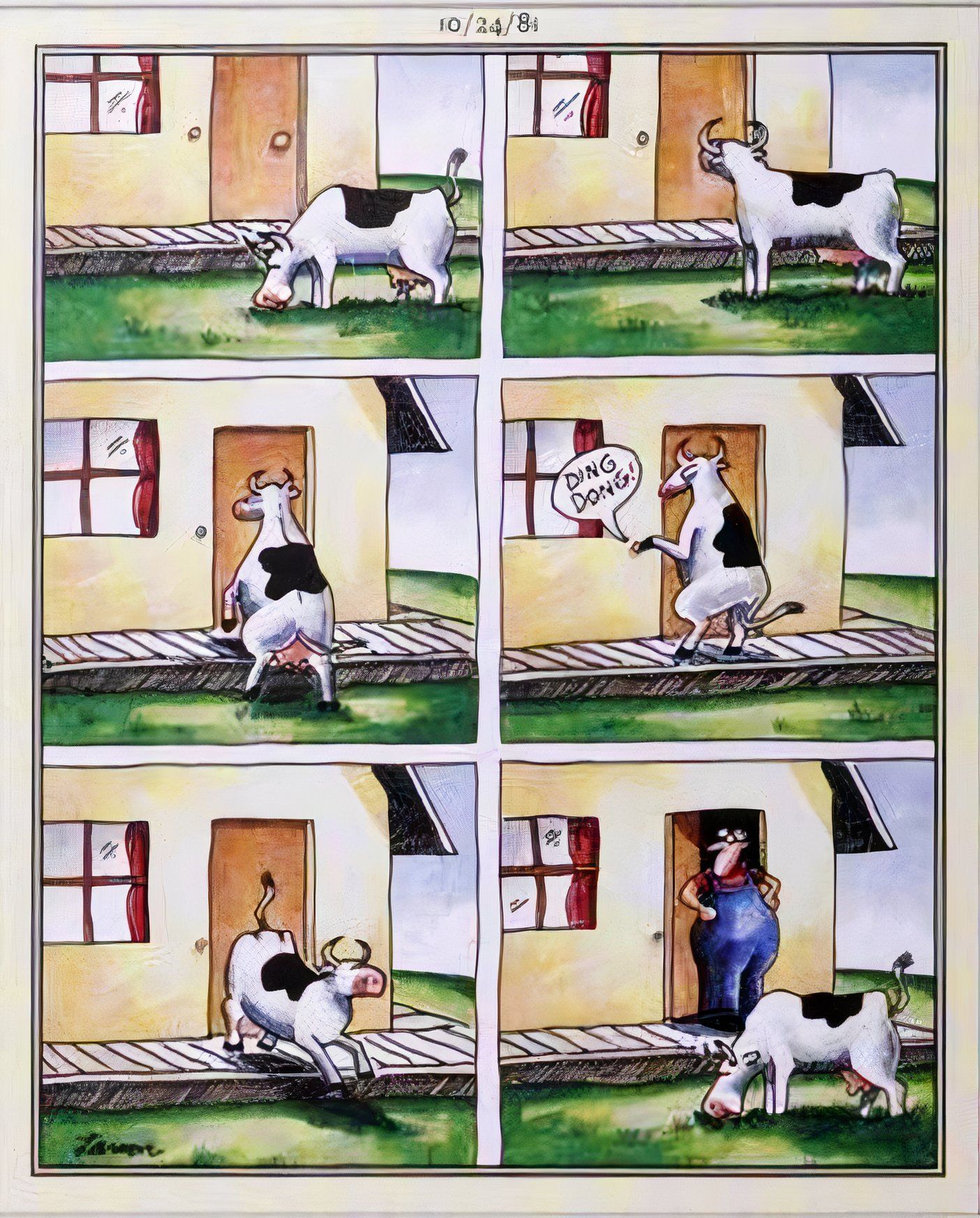 Far Side, 24 de outubro de 1981, uma vaca brincando de ding dong em seu dono