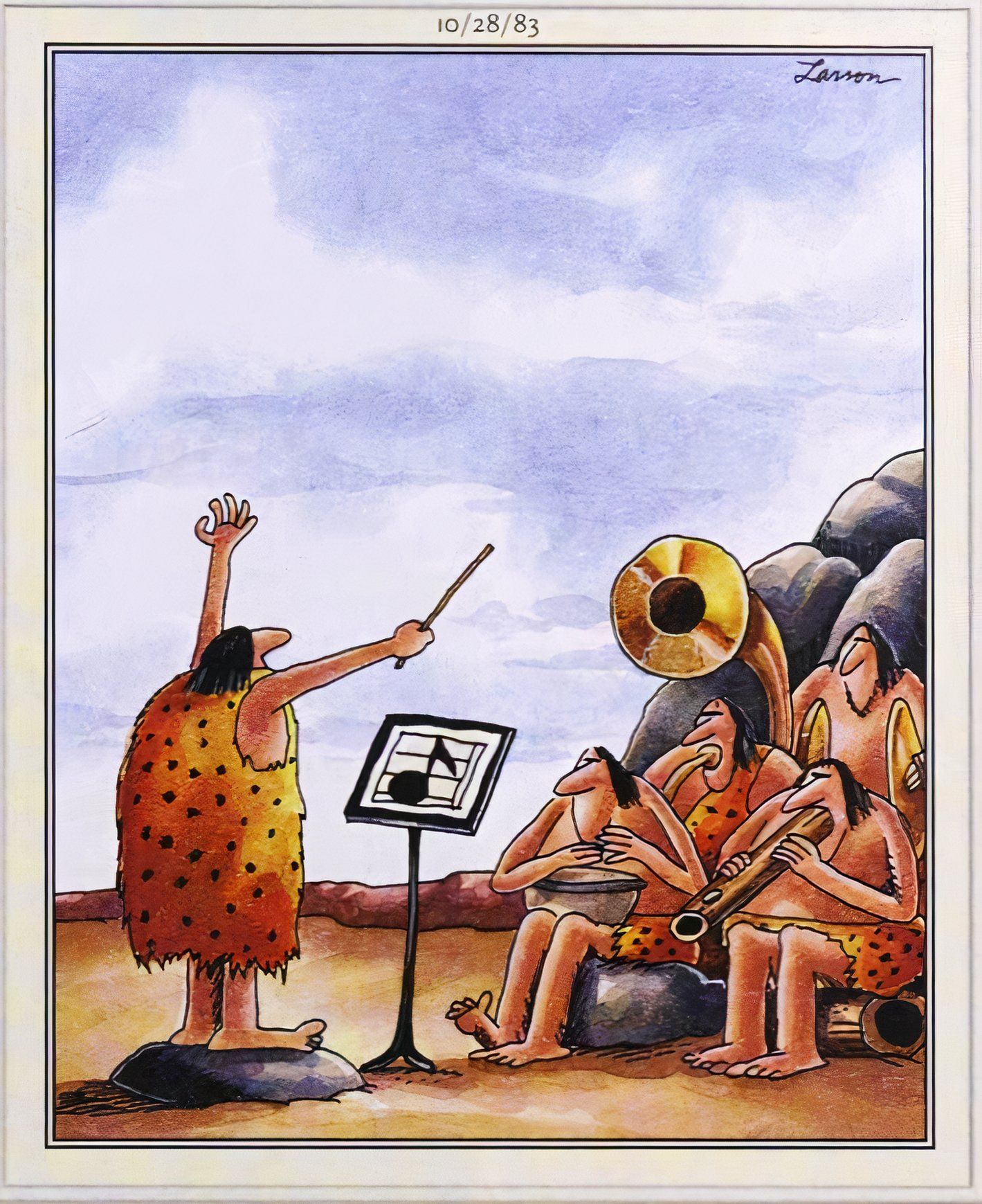 Far Side, October 28, 1983, a prehistoric conductor leads a primitive orchestra