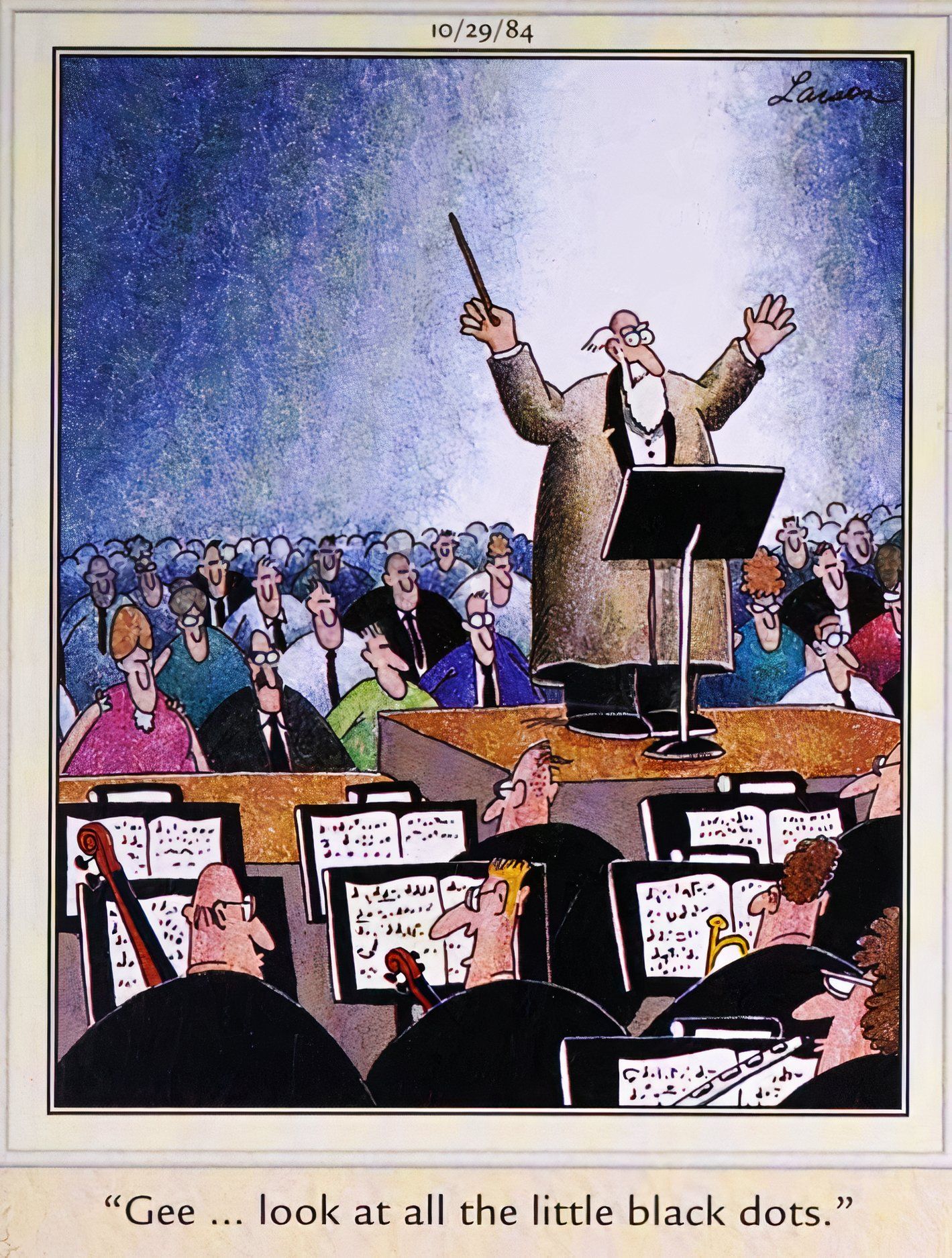 Far Side, October 29, 1984, conductor looks concerned as musicians reveal they can't read music