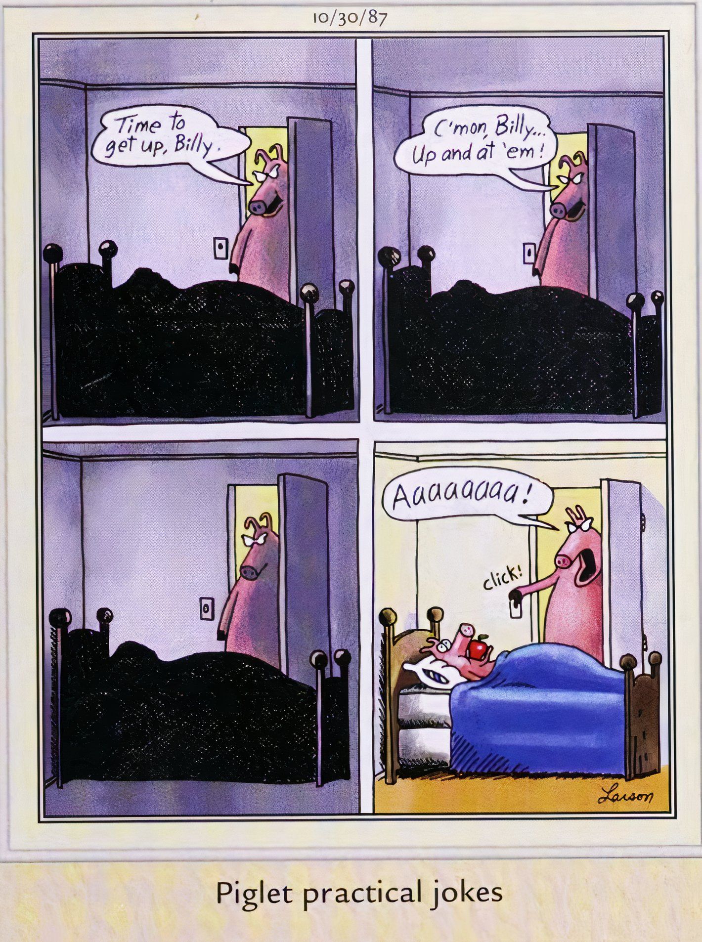 Far Side, October 30, 1987, a young pig pranks its parent by stuffing an apple in its mouth and playing dead