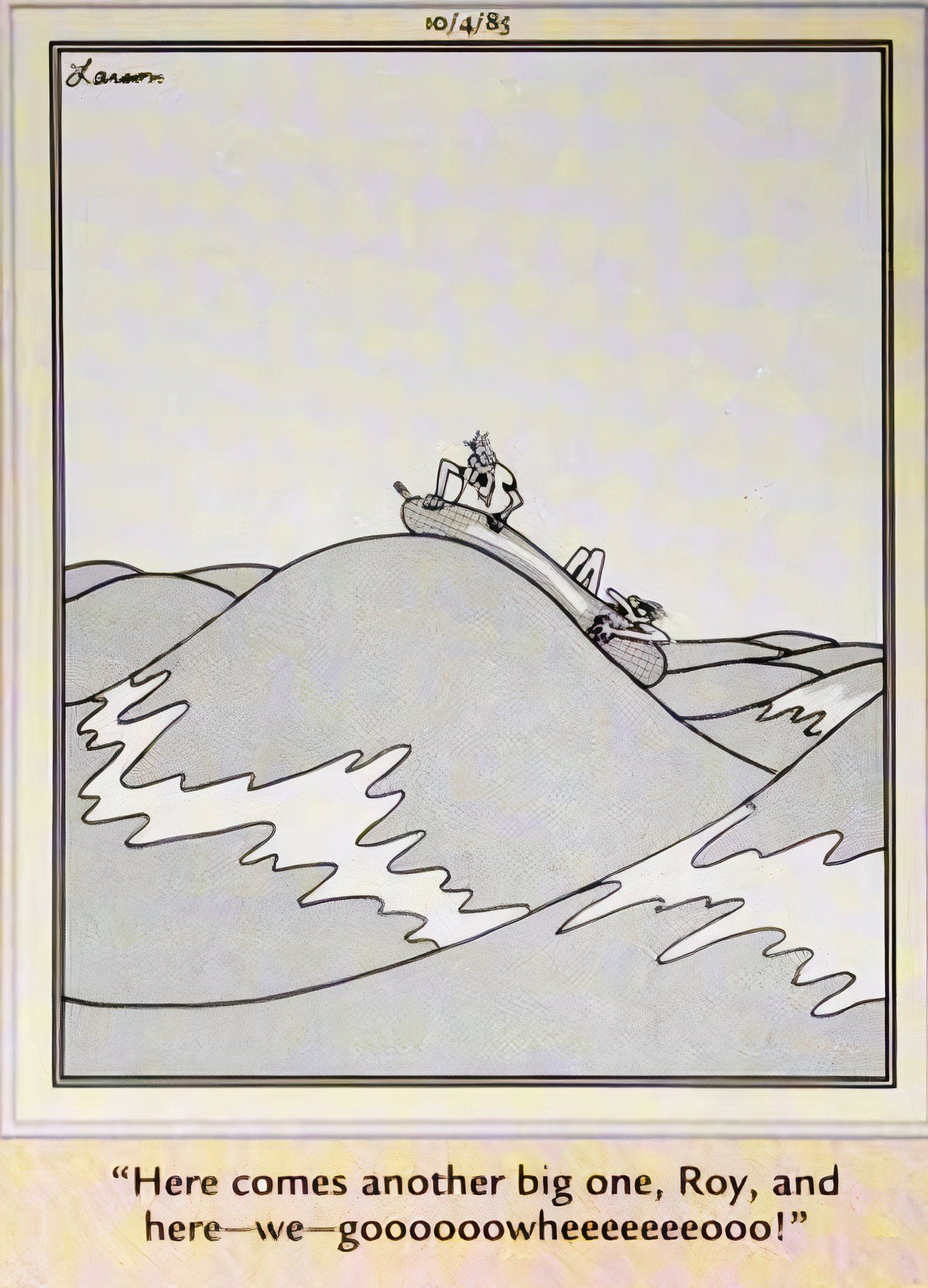 Far Side, October 4, 1985, two men in a raft lost at sea brace themselves for a big wave